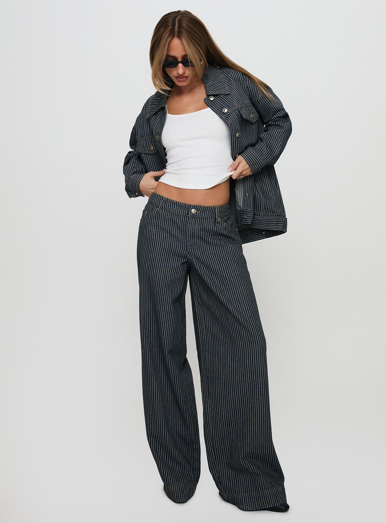 Actually Invested Low Rise Pants Denim Stripe women's pant set by Ellevoria