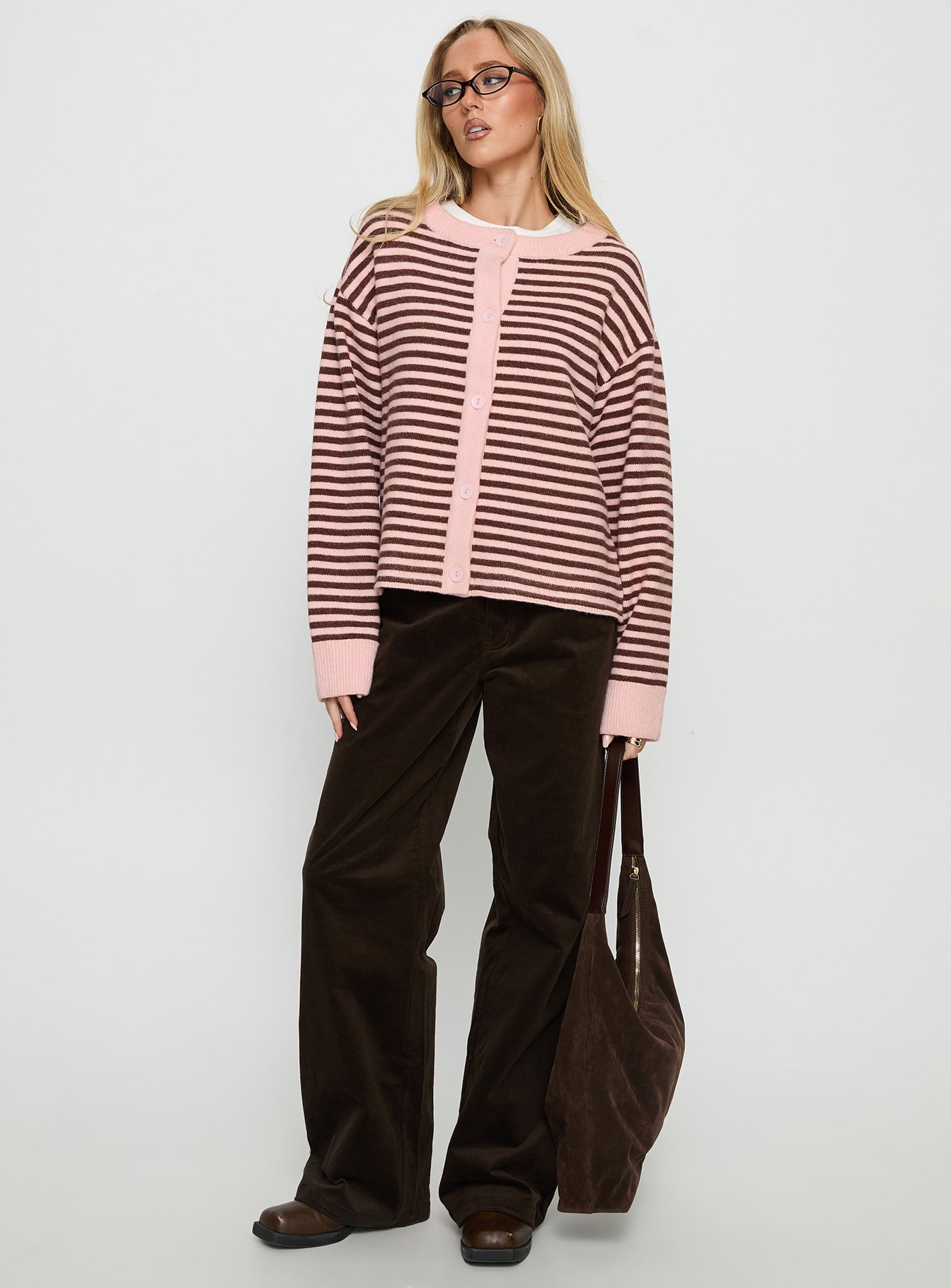 Darnelle Button Up Knit Cardigan Pink Stripe women's sweater by Ellevoria
