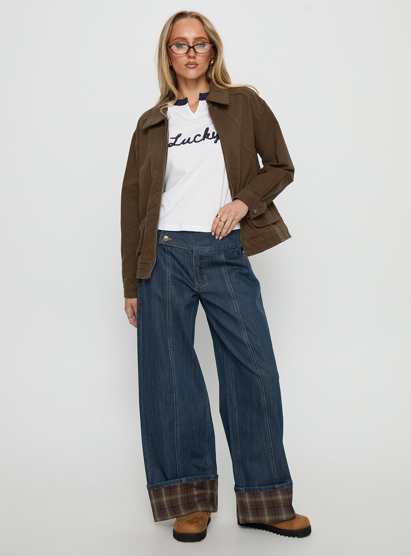 Nikoletta Foldover Jeans Dark Wash / Check women's denim jeans by Ellevoria