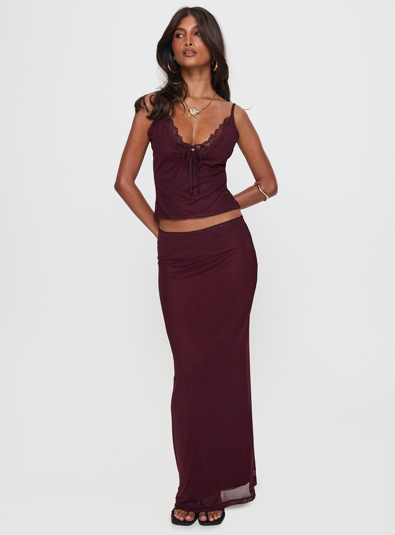 Reiko Lace Trim Tie Front Maxi Set Burgundy women's two piece set by Ellevoria