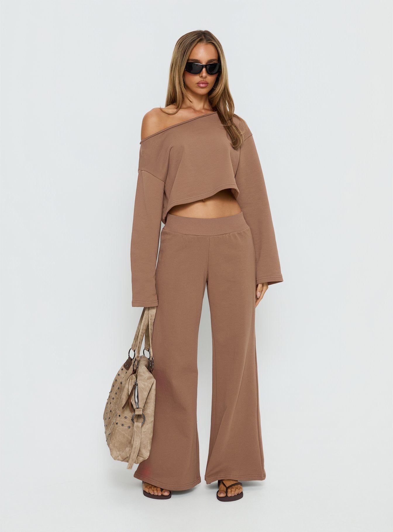 Retreat Raw Edge Off Shoulder Jumper Cocoa women's sweater by Ellevoria