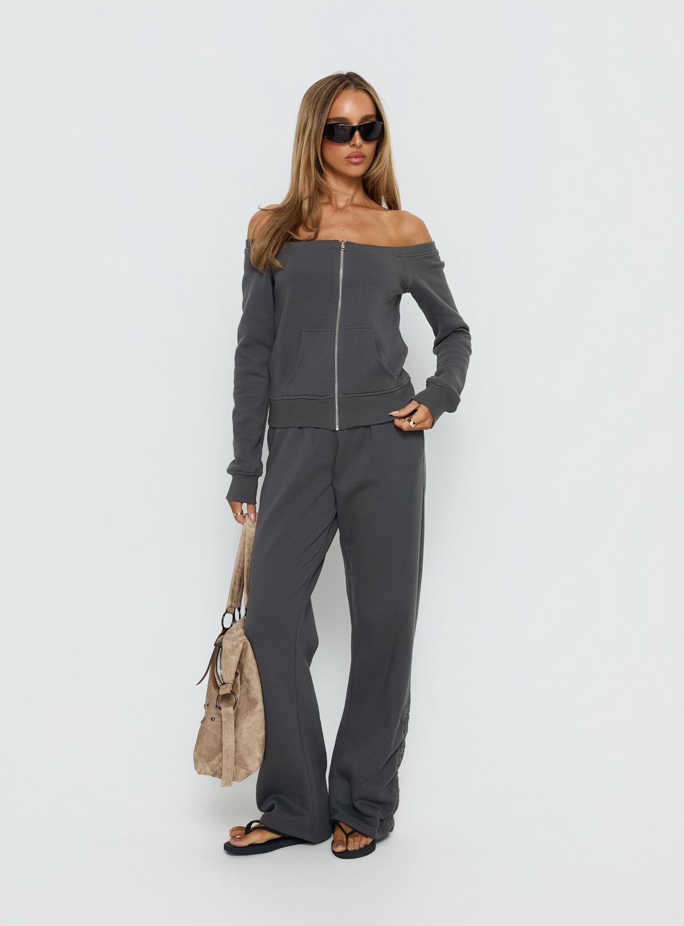 Airazo Off Shoulder Zip Through Jumper Grey women's sweater by Ellevoria