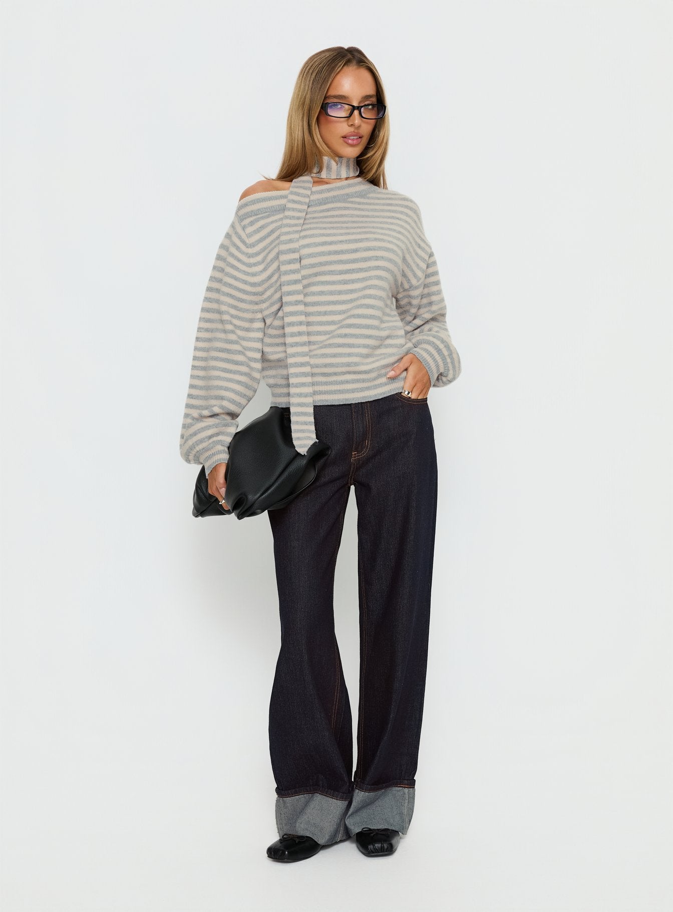Ruthi Scarf Off Shoulder Knit Sweater Neutral Stripe women's sweater by Ellevoria