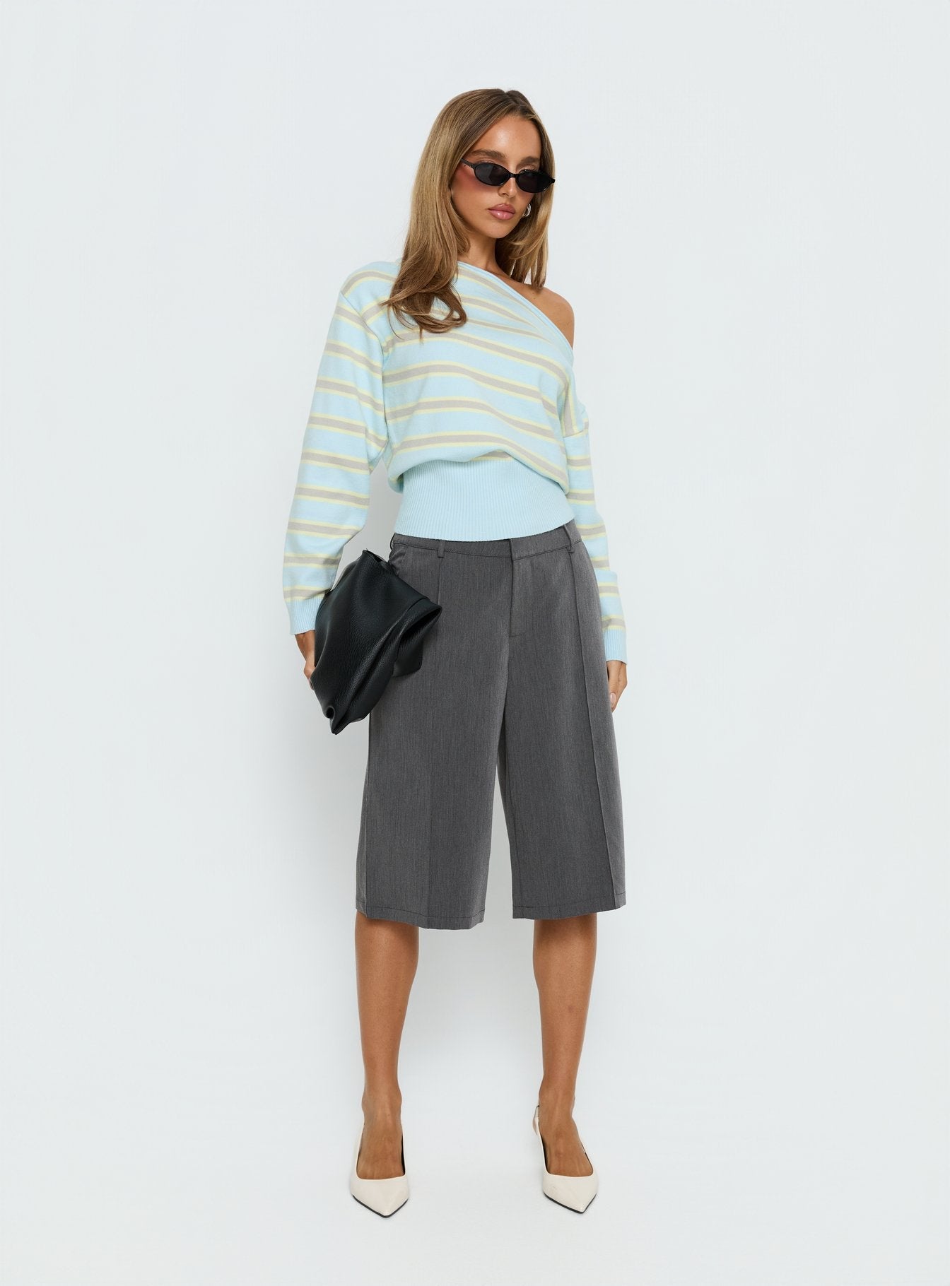 Zinia Off Shoulder Knit Sweater Grey / Blue Stripe women's sweater by Ellevoria