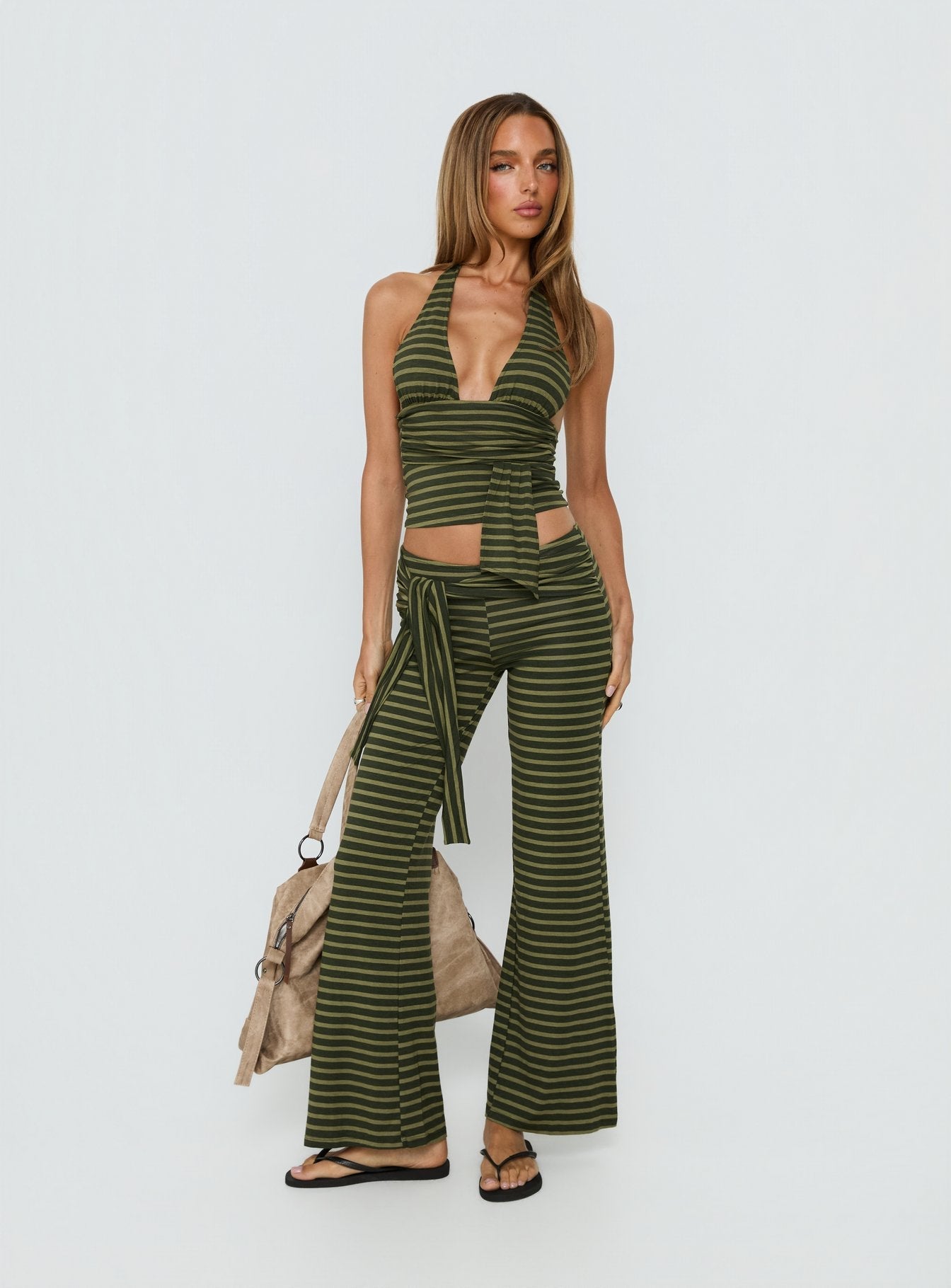 Esata Tie Detail Pants Green Stripe women's pant set by Ellevoria