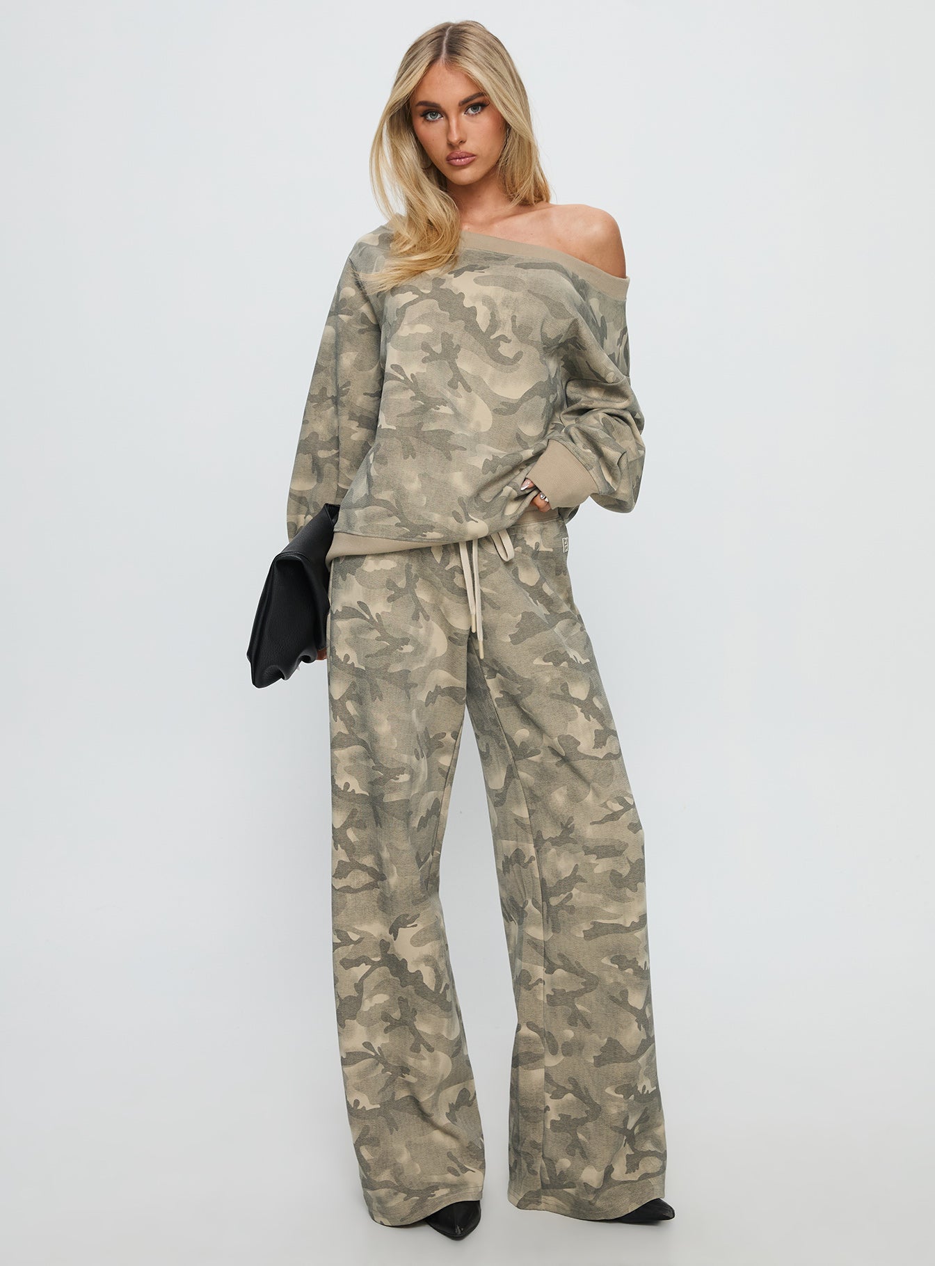 Wellness Off The Shoulder Jumper Washed Camo women's sweater by Ellevoria