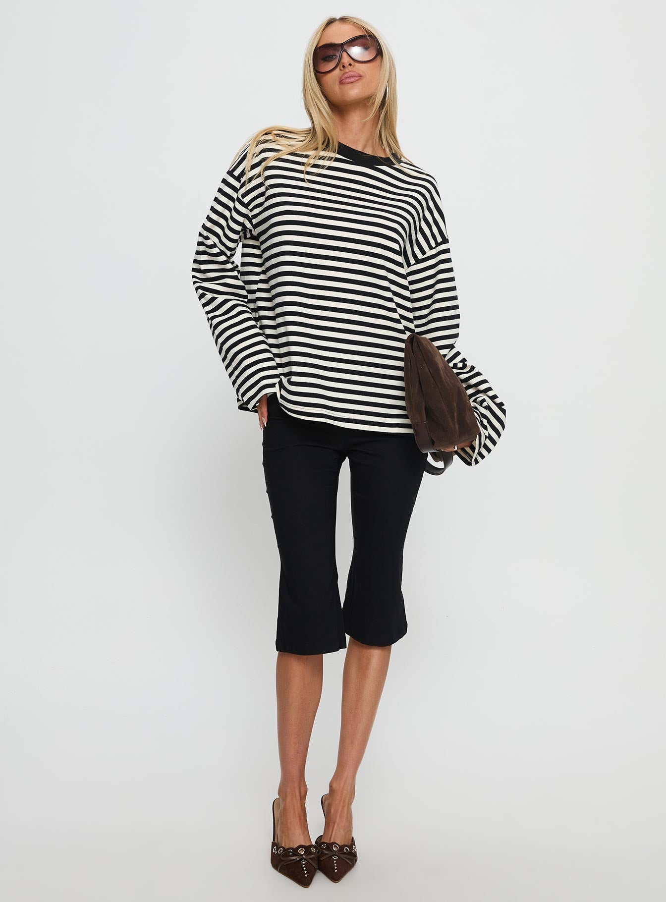 Settle Down Long Sleeve Top Black / White Stripe women's two piece set by Ellevoria