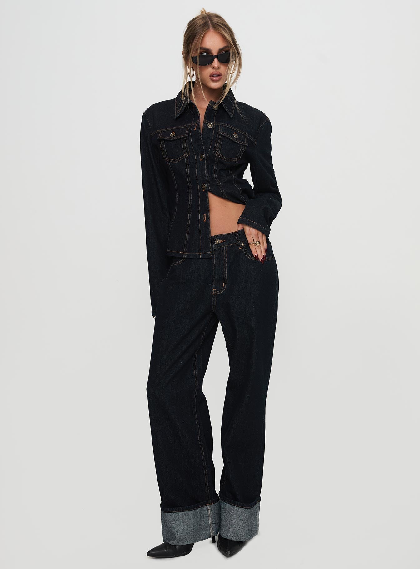 Top Model Low Rise Straight Leg Cuffed Jean Dark Denim women's denim jeans by Ellevoria