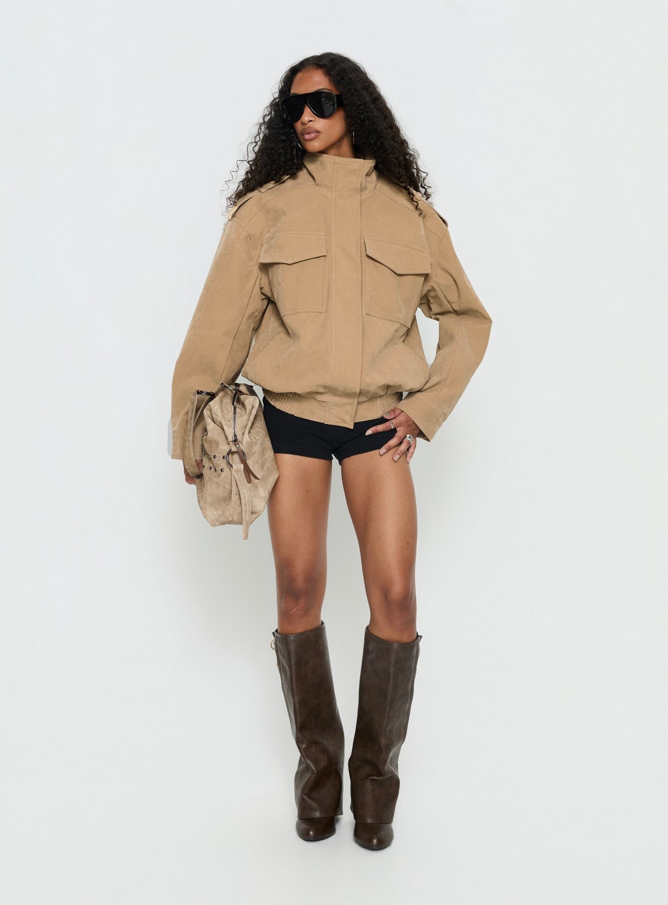 Double Life Funnel Neck Cargo Jacket Beige women's jacket by Ellevoria