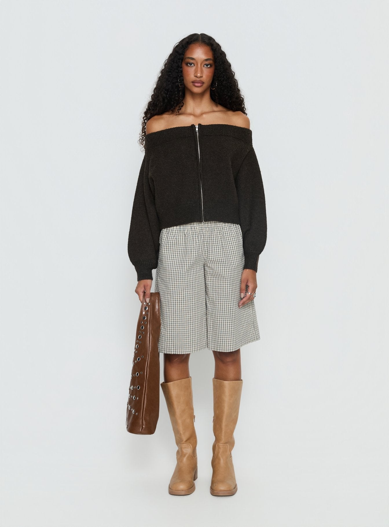 Ortensa Off Shoulder Zip Through Jumper Brown women's sweater by Ellevoria