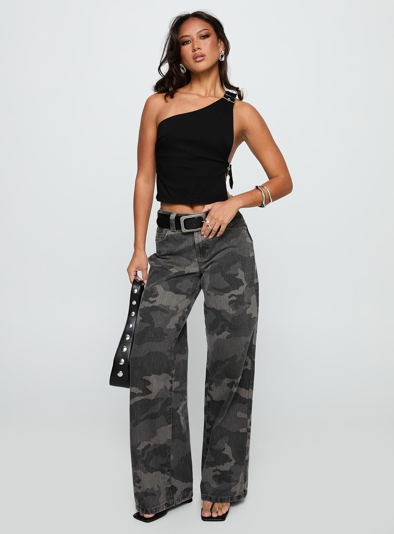 Big Talk Mid Rise Straight Leg Jeans Grey Washed Camo women's denim jeans by Ellevoria