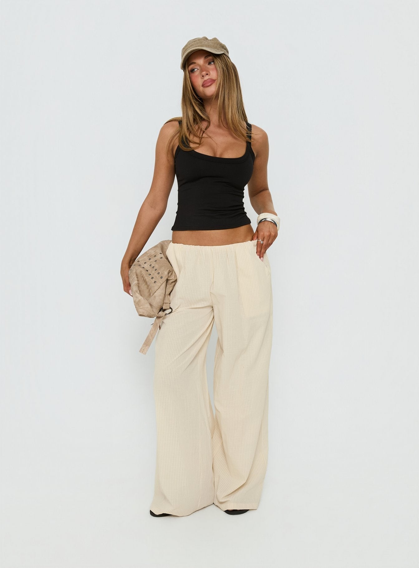 Lunea Concealed Waistband Pants Beige Stripe - loose fit women's bottoms by Ellevoria