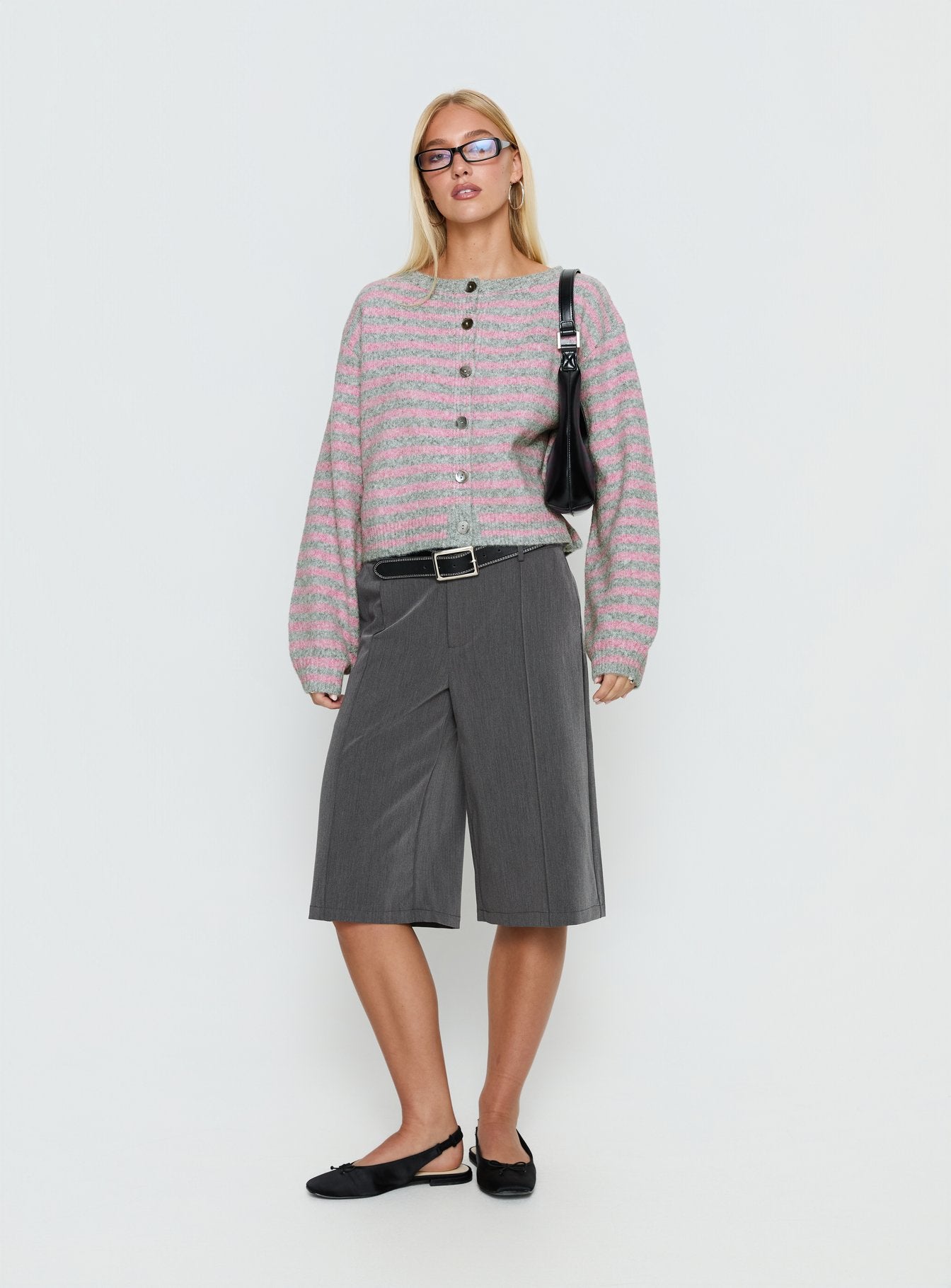 Raynna Button Up Cardigan Pink / Grey Stripe women's sweater by Ellevoria