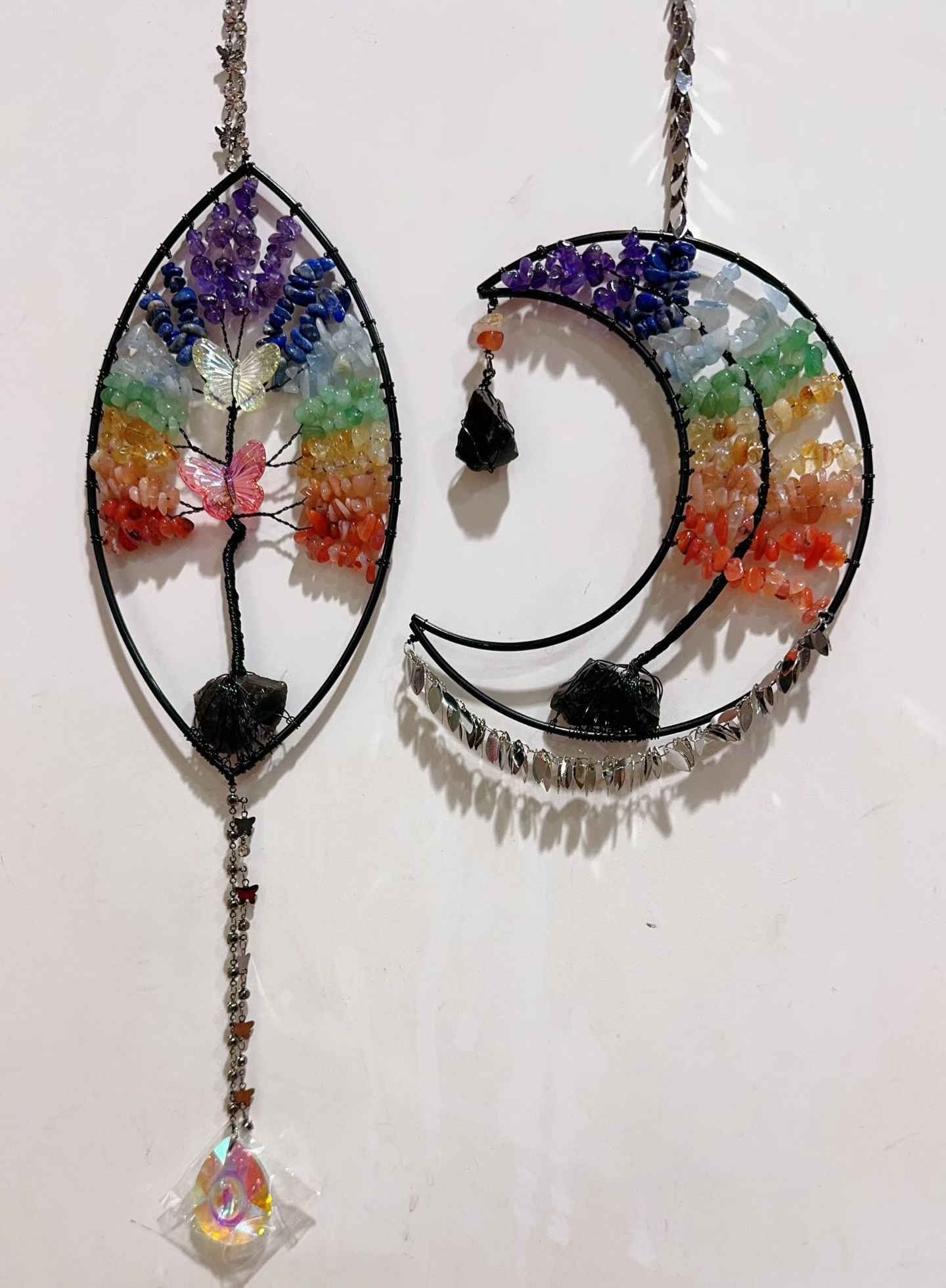 Wire Wrap Natural Gemstone Crystal Chips Moon Leaf Hanging Ornament