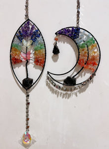Wire Wrap Natural Gemstone Crystal Chips Moon Leaf Hanging Ornament