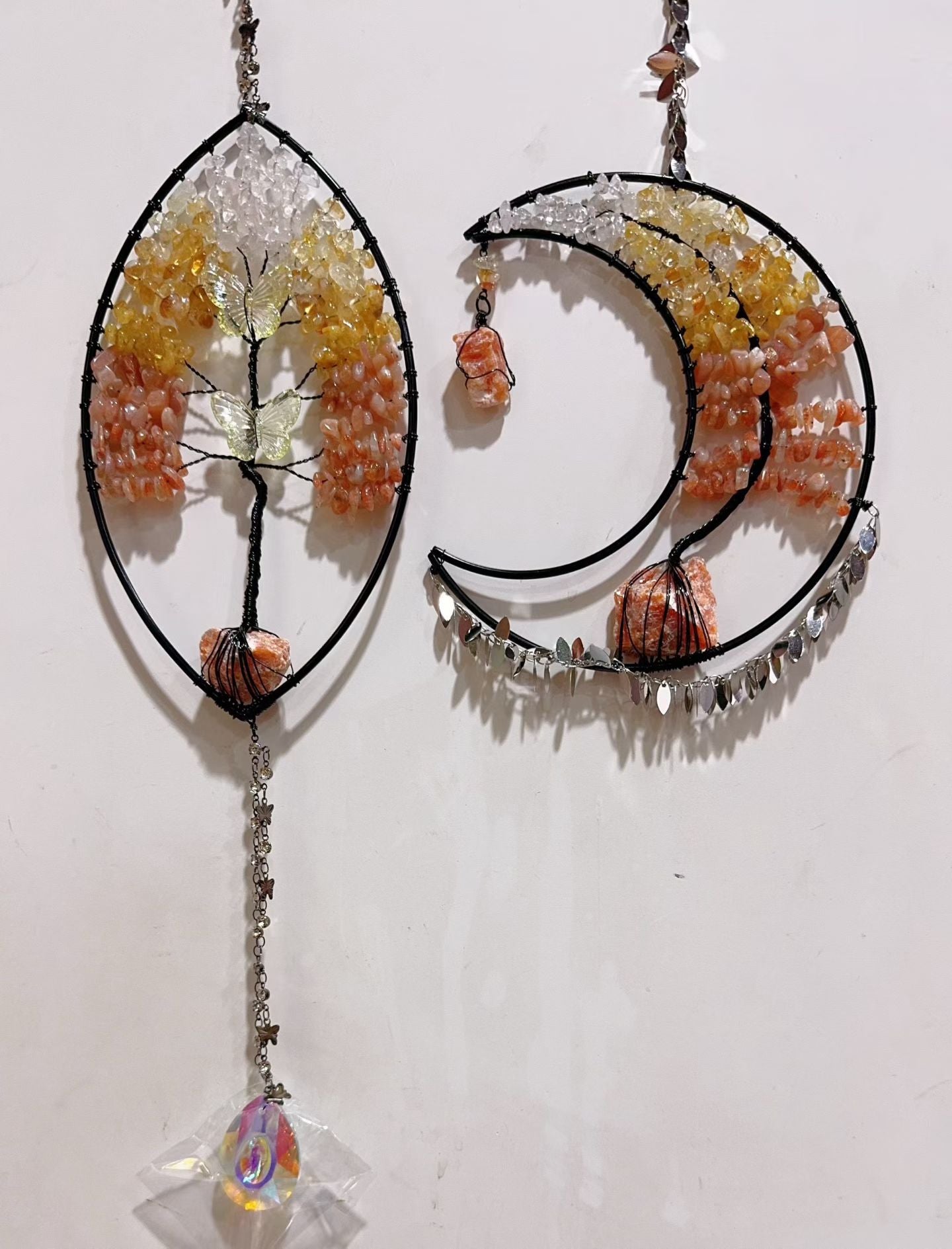 Wire Wrap Natural Gemstone Crystal Chips Moon Leaf Hanging Ornament
