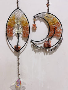 Wire Wrap Natural Gemstone Crystal Chips Moon Leaf Hanging Ornament