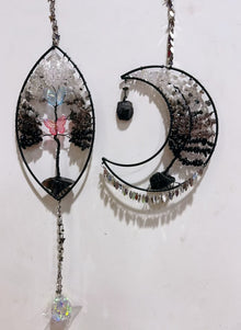 Wire Wrap Natural Gemstone Crystal Chips Moon Leaf Hanging Ornament