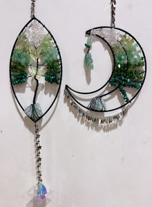 Wire Wrap Natural Gemstone Crystal Chips Moon Leaf Hanging Ornament