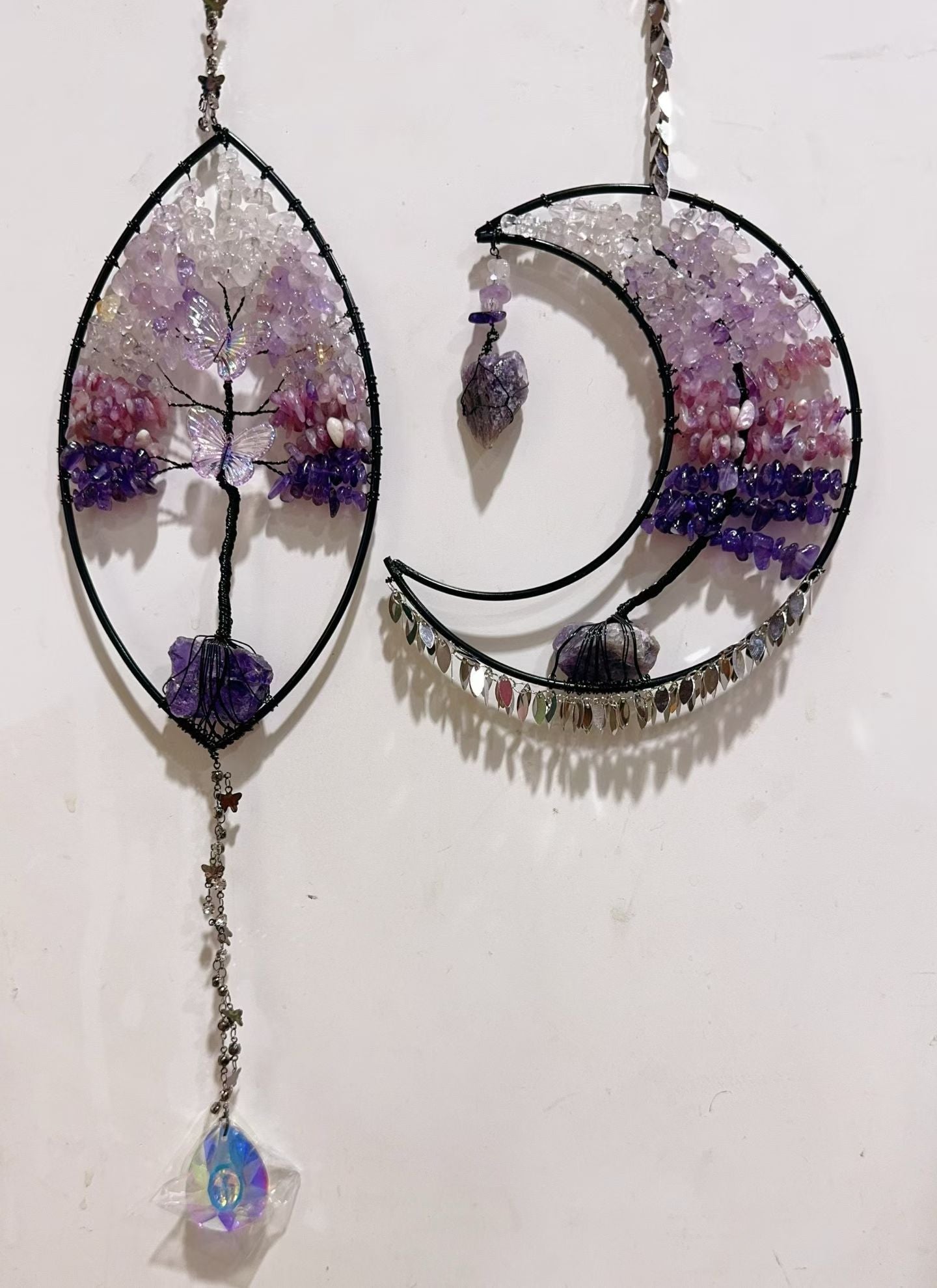 Wire Wrap Natural Gemstone Crystal Chips Moon Leaf Hanging Ornament