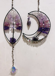 Wire Wrap Natural Gemstone Crystal Chips Moon Leaf Hanging Ornament