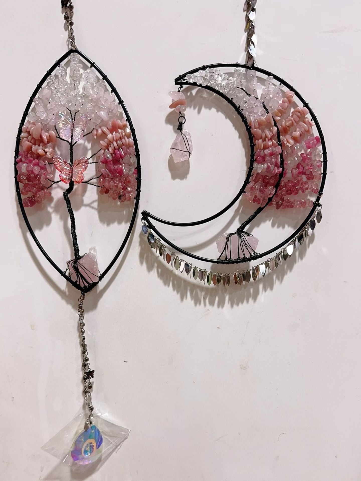 Wire Wrap Natural Gemstone Crystal Chips Moon Leaf Hanging Ornament