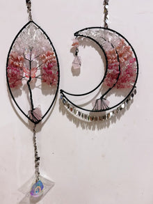 Wire Wrap Natural Gemstone Crystal Chips Moon Leaf Hanging Ornament