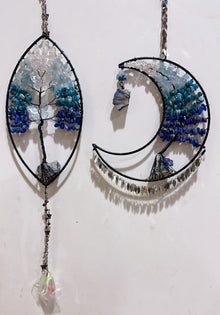 Wire Wrap Natural Gemstone Crystal Chips Moon Leaf Hanging Ornament