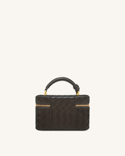 Cleo Woven Texture Box Shape Top Handle Bag - Dark Brown