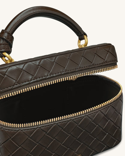 Cleo Woven Texture Box Shape Top Handle Bag - Dark Brown