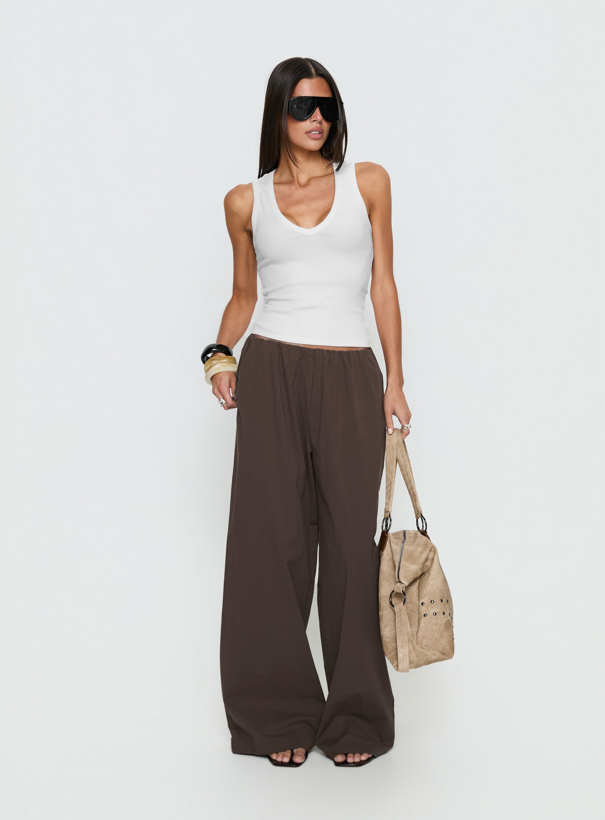 Lunea Concealed Waistband Pants Brown - loose fit women's bottoms by Ellevoria