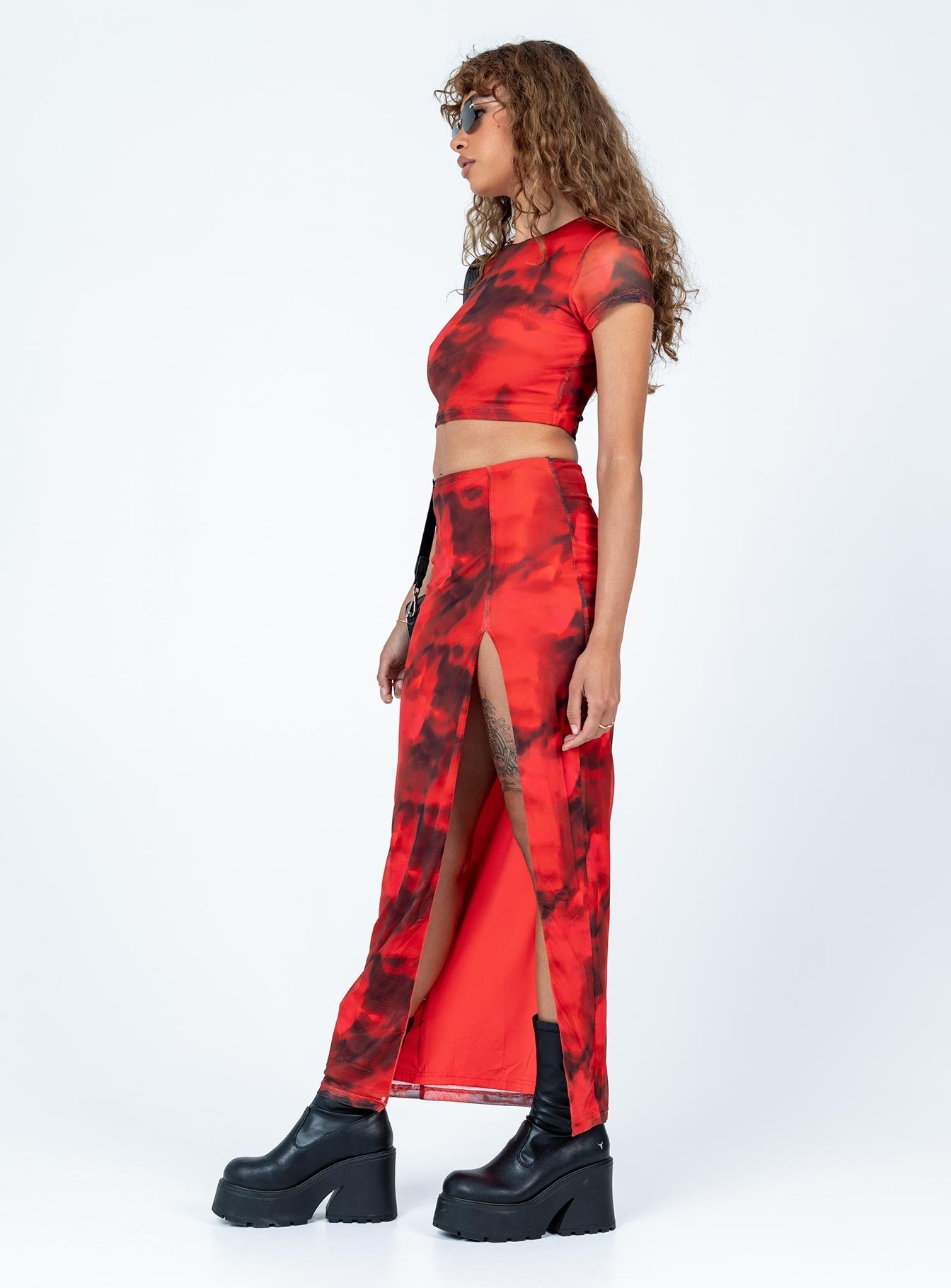 Rosie Mesh Set Red Multi women's skirt set by Ellevoria