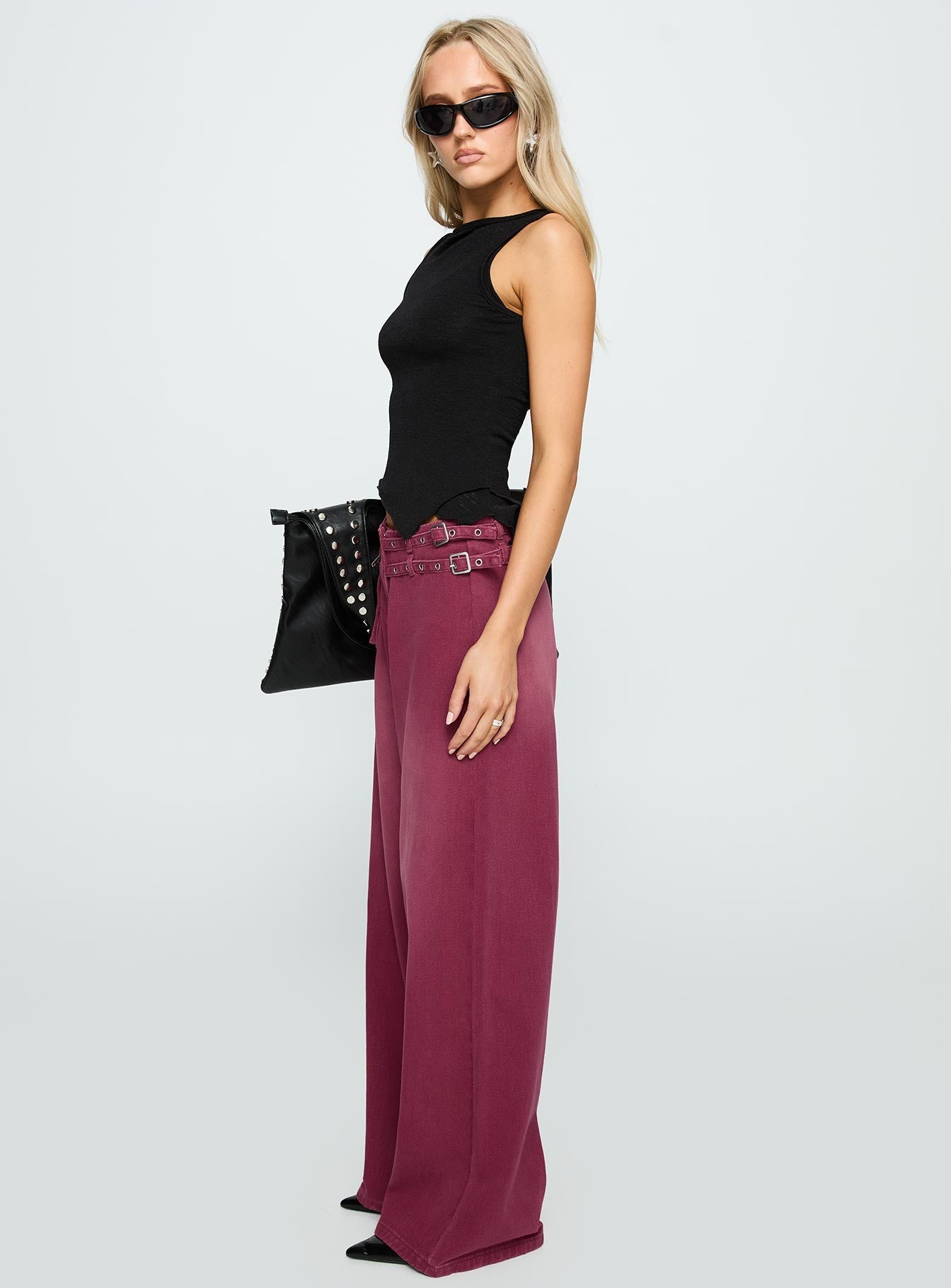 Paltrow Mid Rise Wide Leg Cargo Jeans Washed Burgundy women's denim jeans by Ellevoria