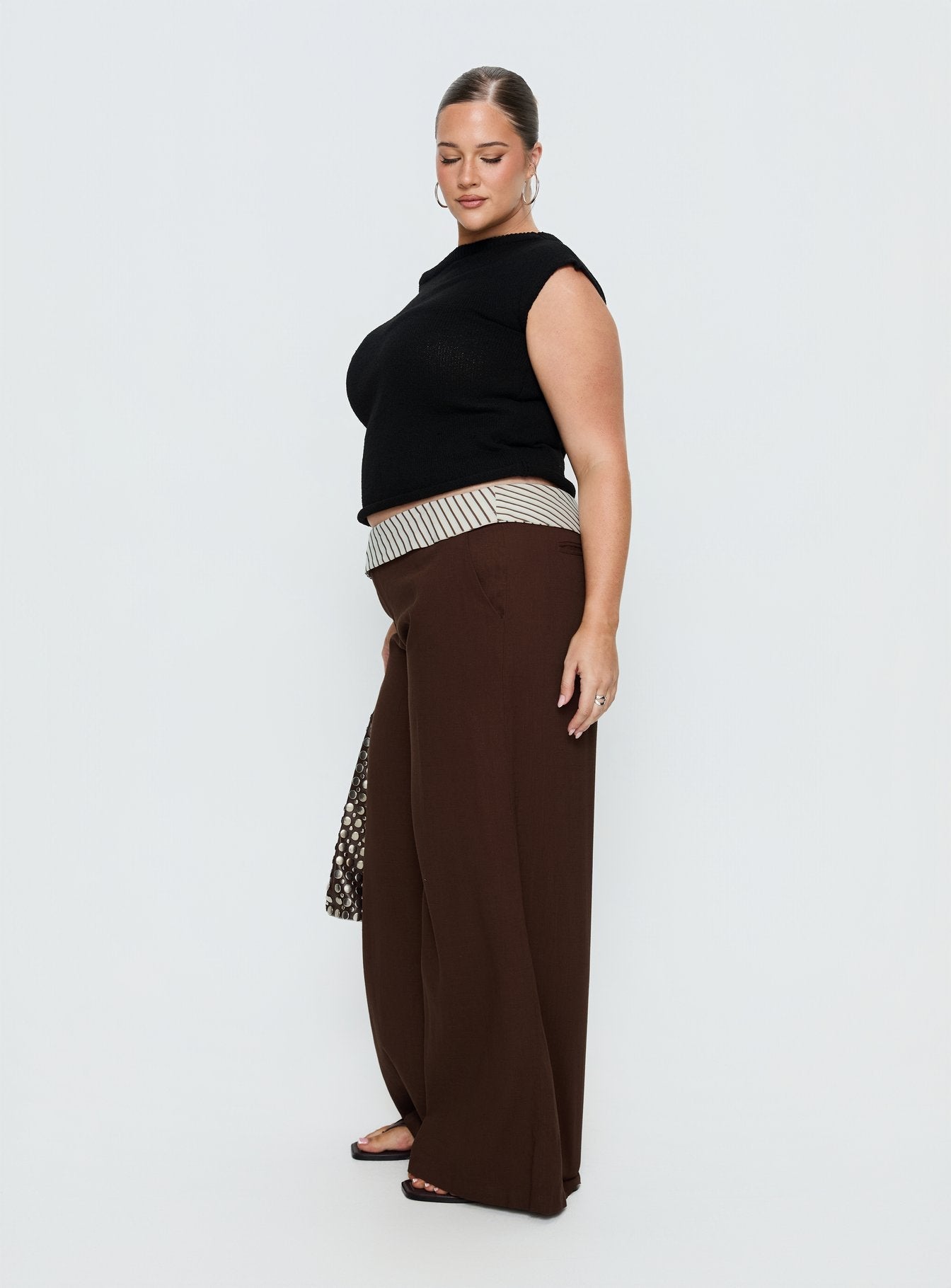Past Life Fold Over Waistband Pant Brown / Stripe Curve - loose fit women's bottoms by Ellevoria