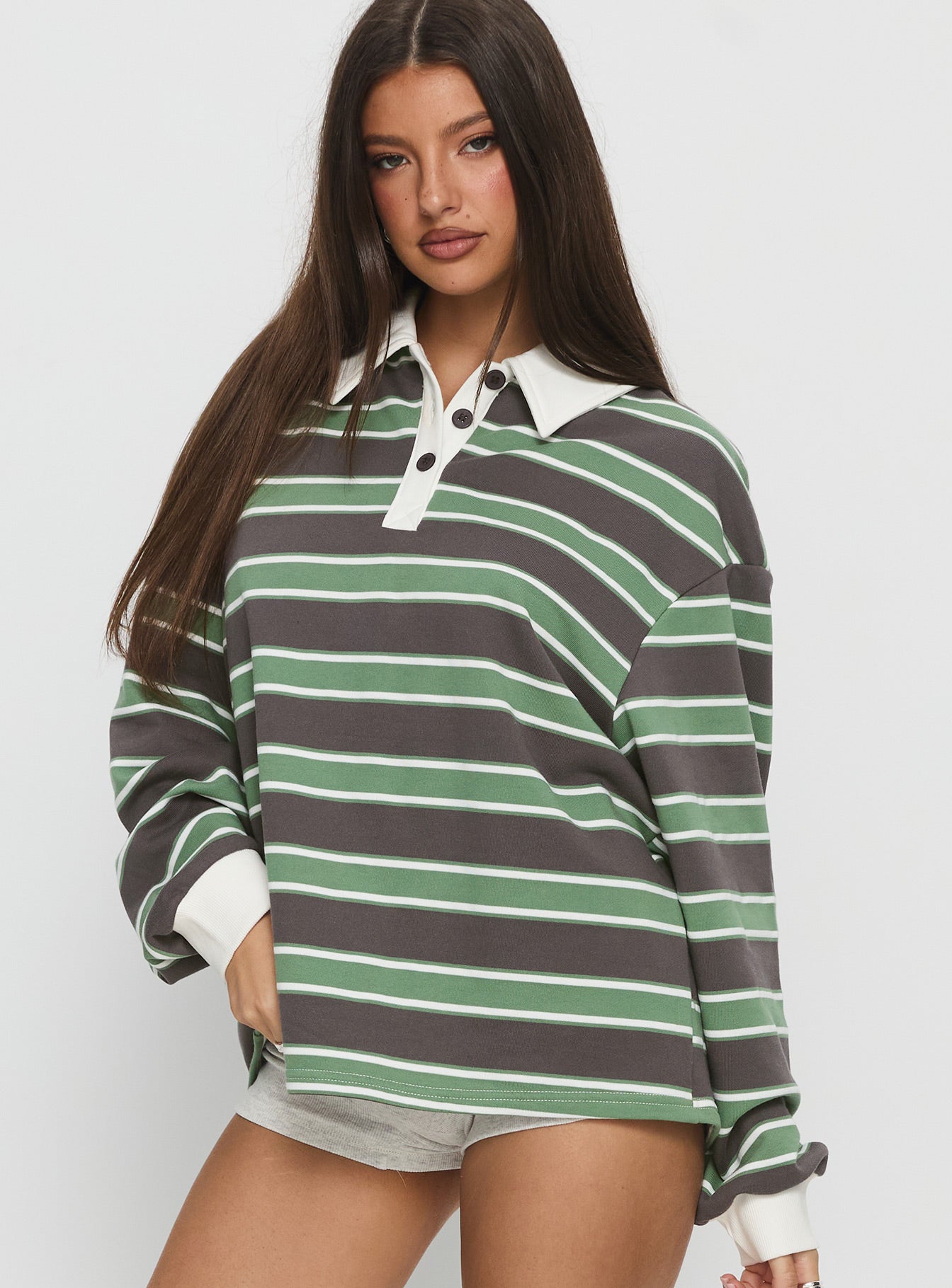 Tycen Polo Rugby Jumper Green / Grey Stripe women's sweater by Ellevoria