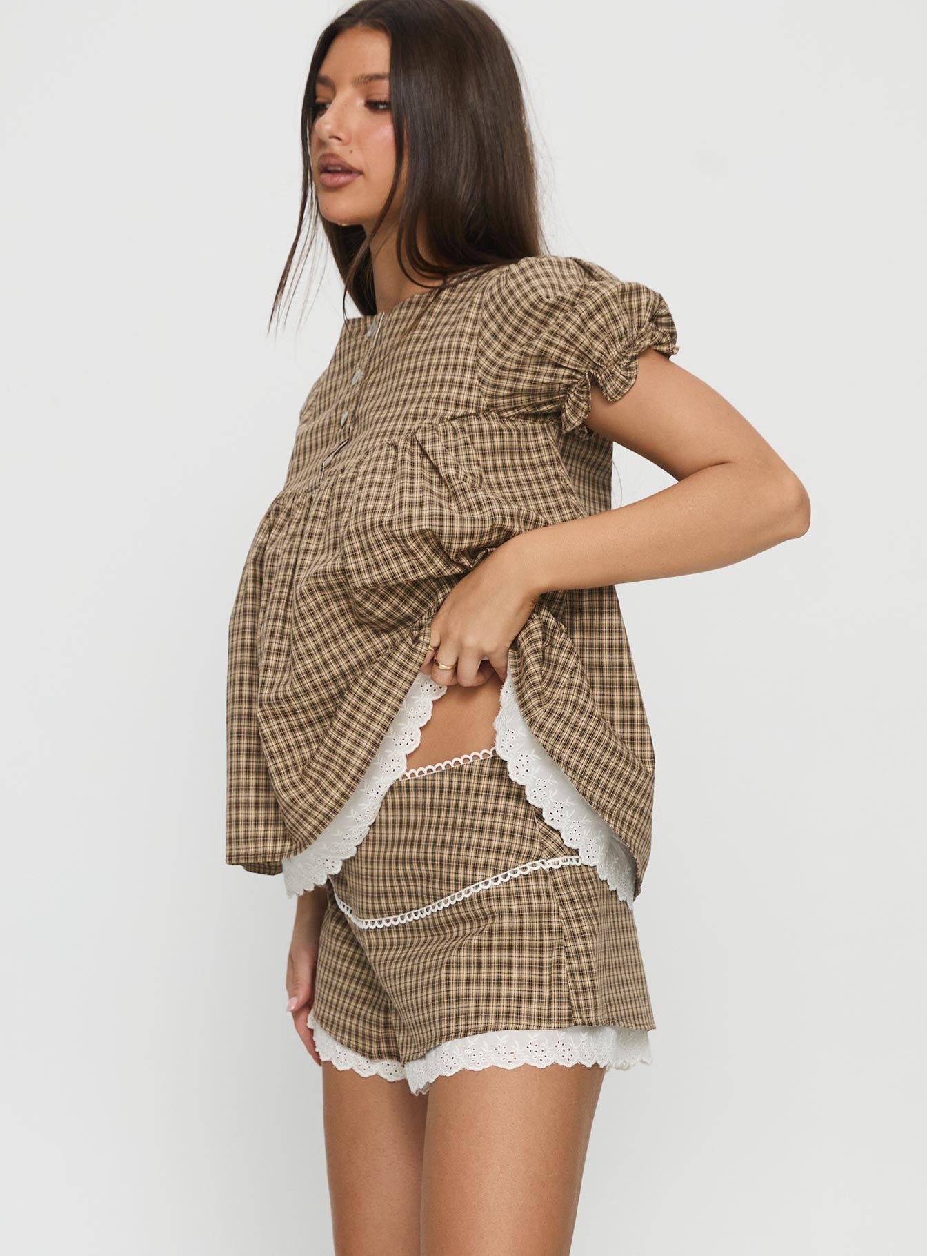 Chandelier Mini Lace Trim Shorts Brown Check women's two piece set by Ellevoria