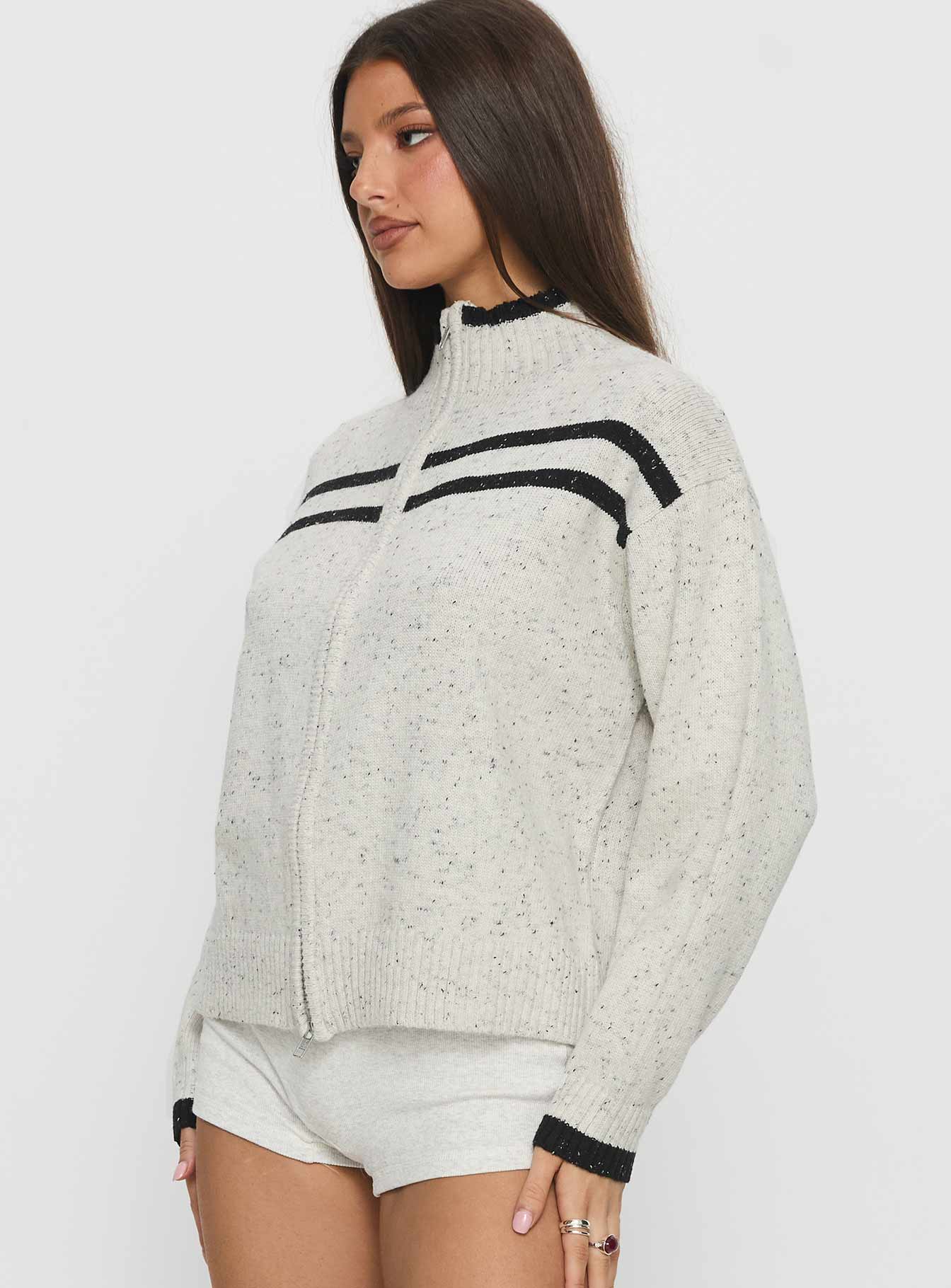 Overstayed Zip Through Cardigan Grey women's sweater by Ellevoria