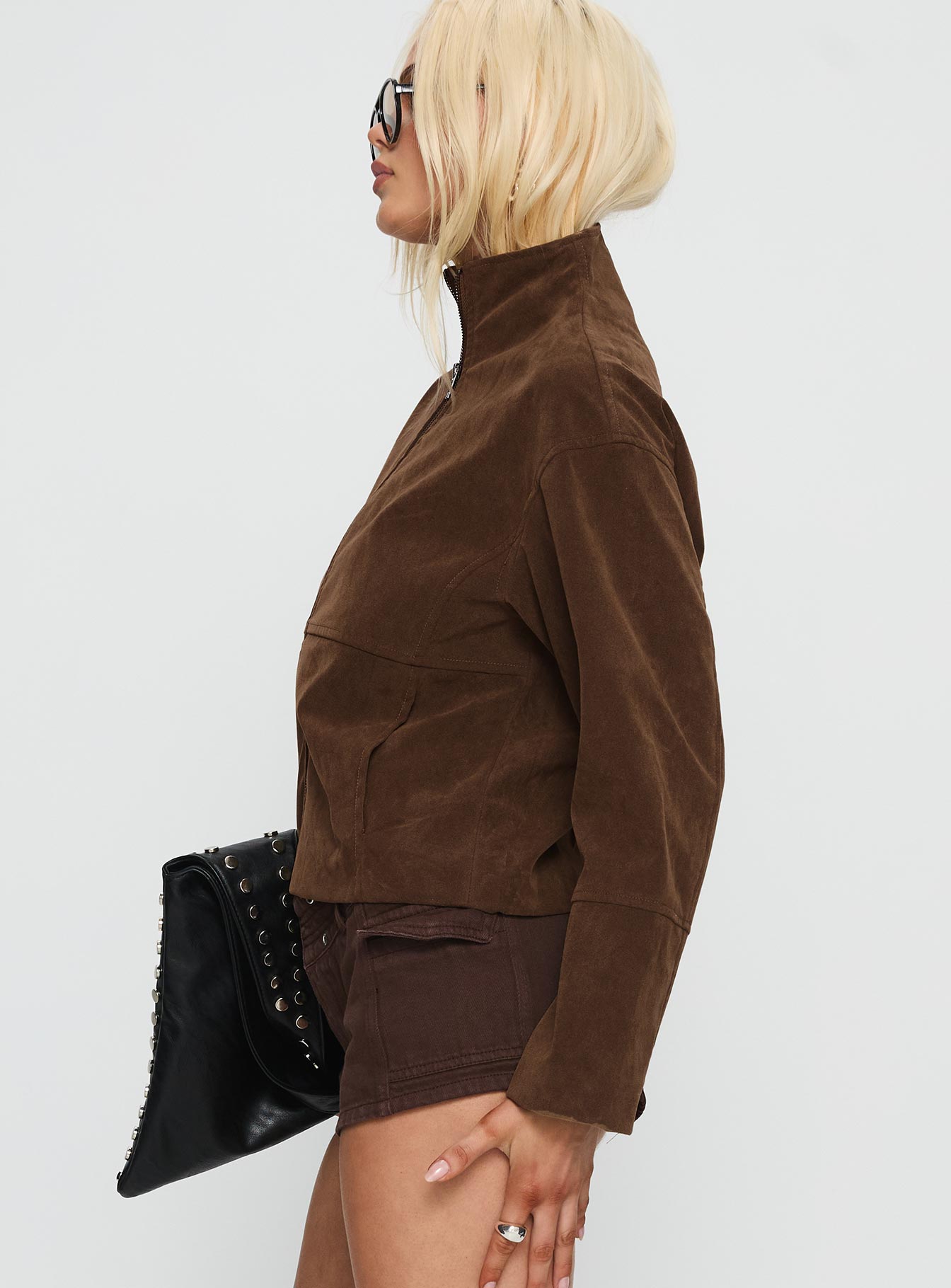 Jessalynn Faux Suede Zip Through Jacket Brown women's jacket by Ellevoria