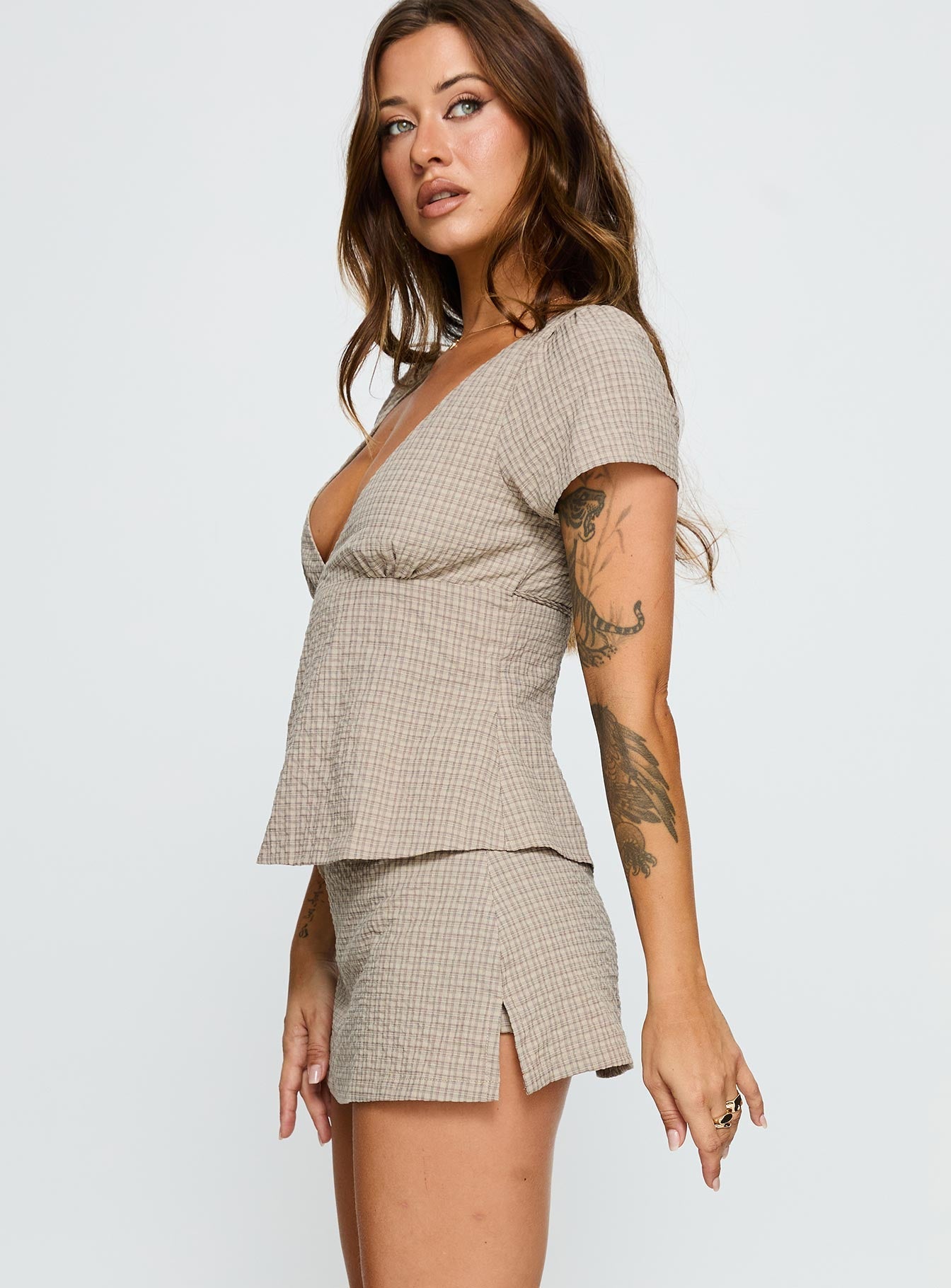 Emmilou Wrap Set Brown Check women's two piece set by Ellevoria
