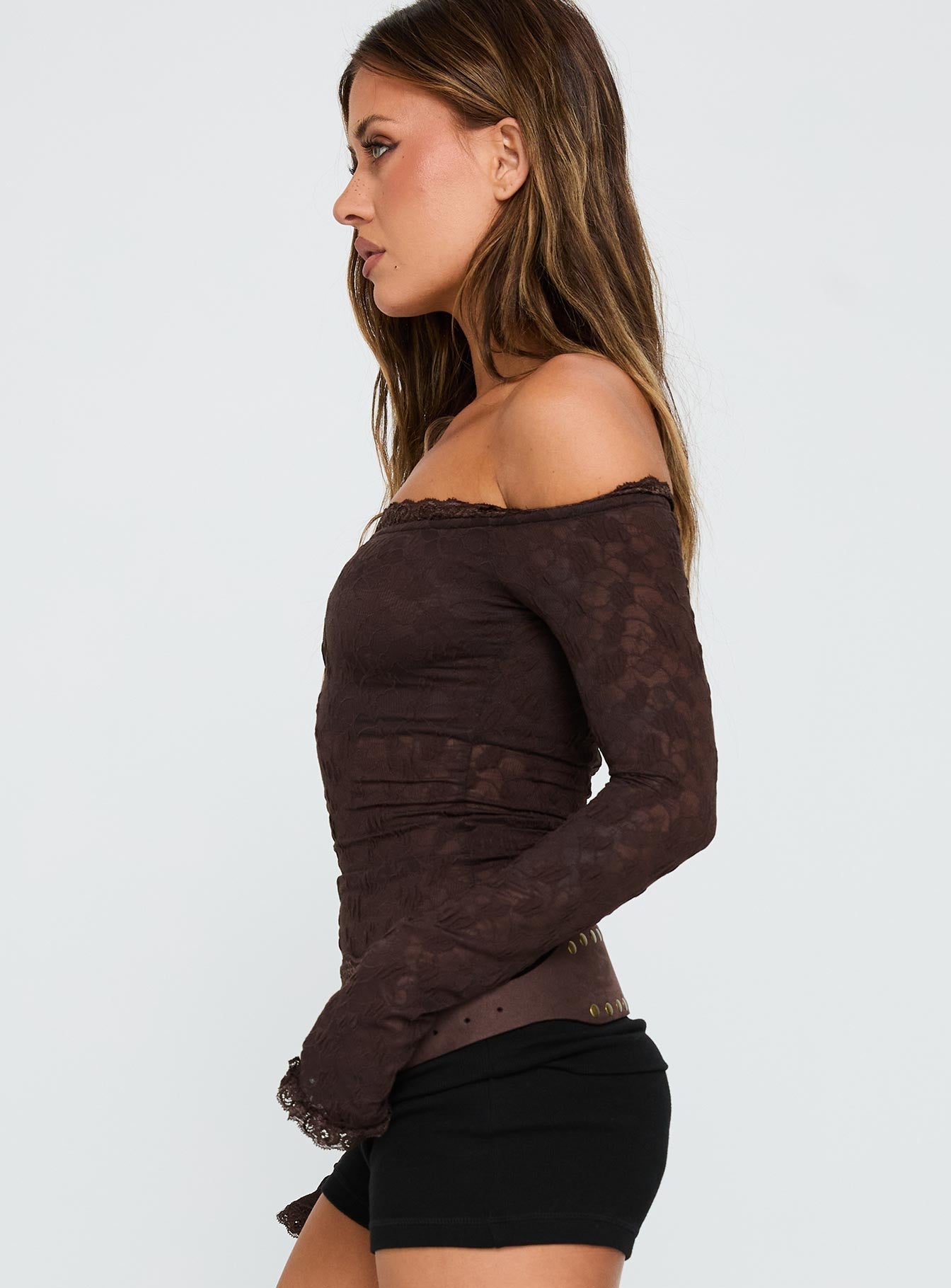 Mochapella Off The Shoulder Top Brown - women's top by Ellevoria - view 4