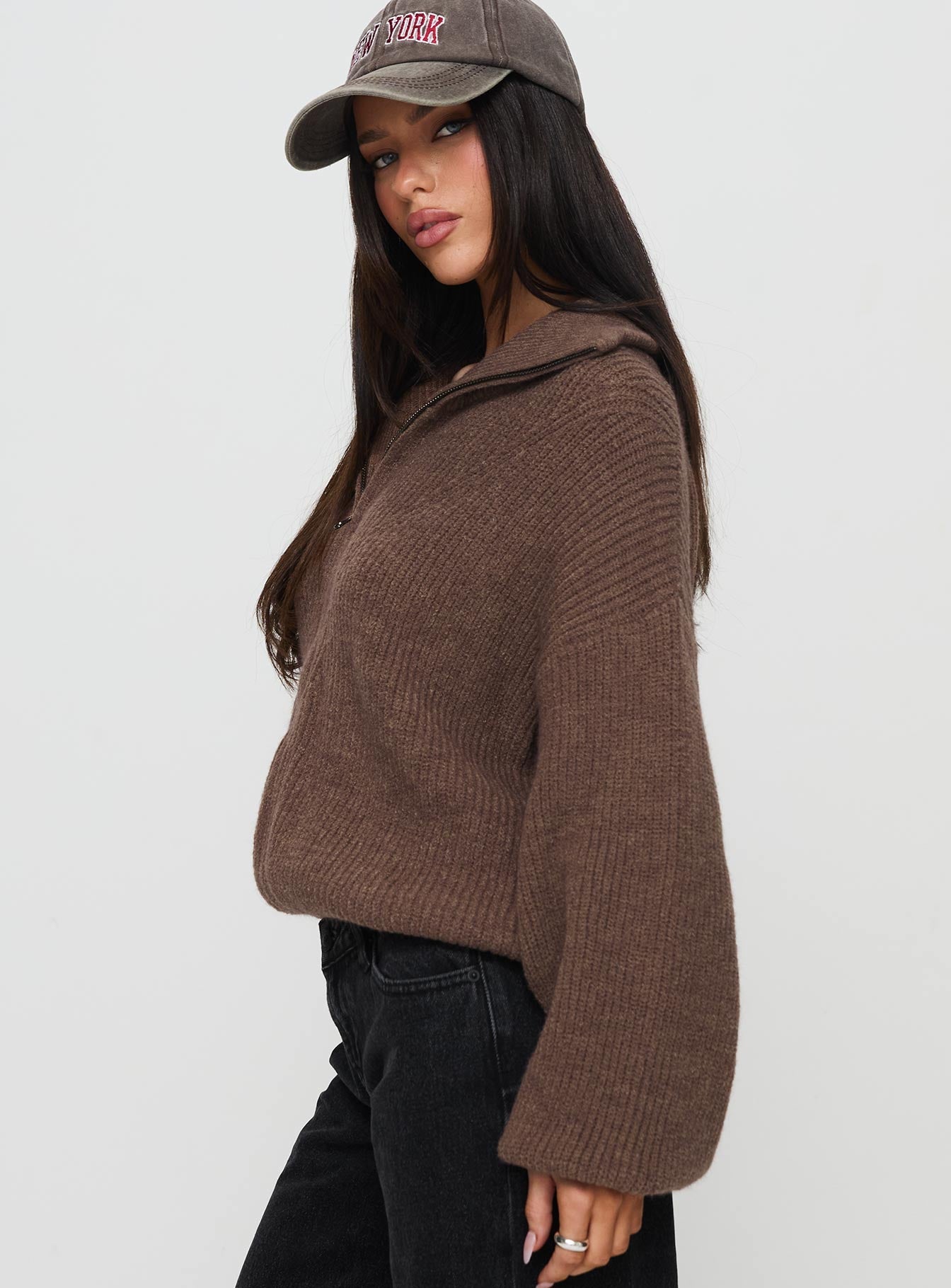 Hertford Zip Through Knit Sweater Brown women's sweater by Ellevoria