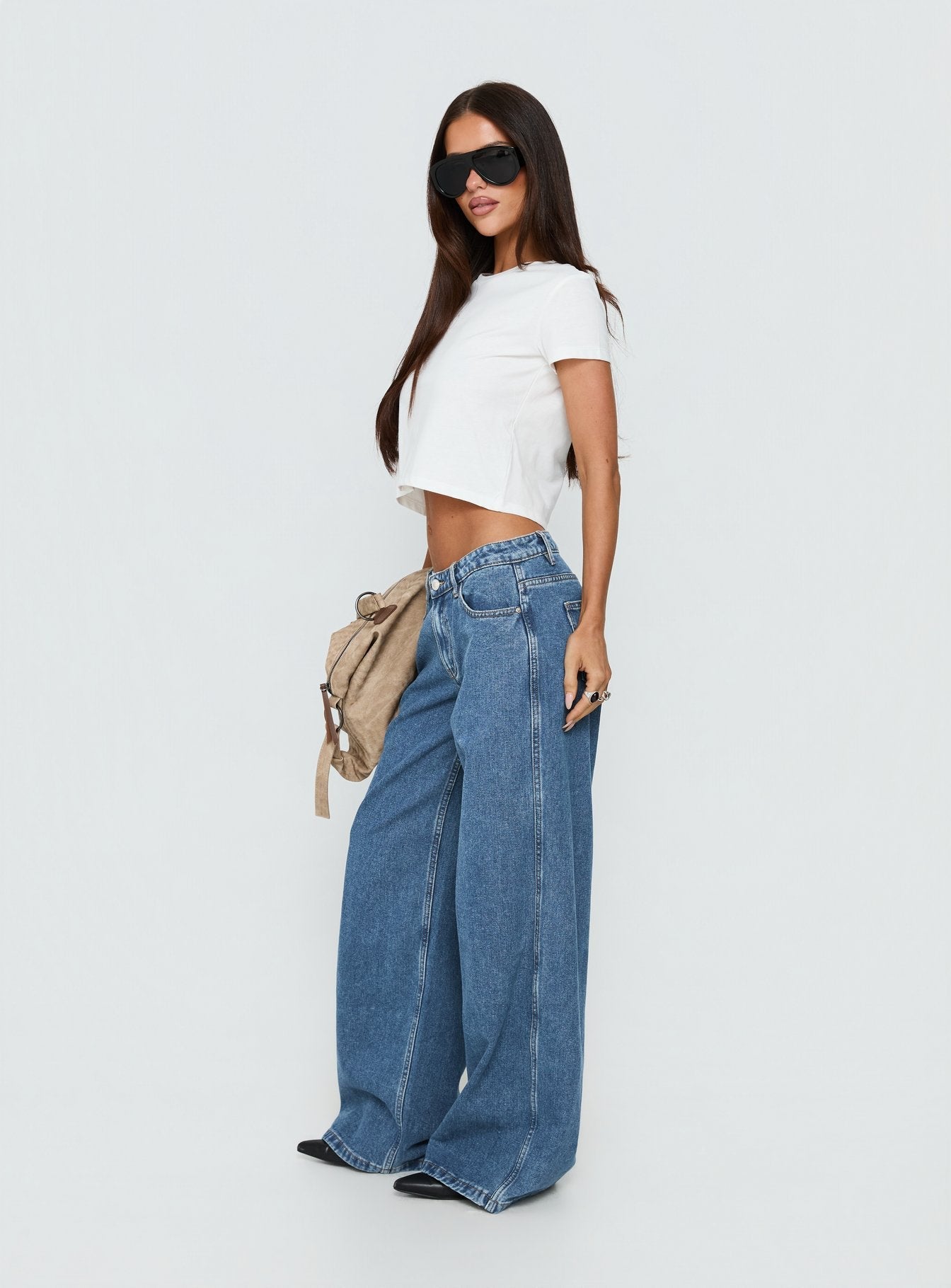 Ramos Low Rise Wide Leg Jeans Mid Blue Wash women's denim jeans by Ellevoria