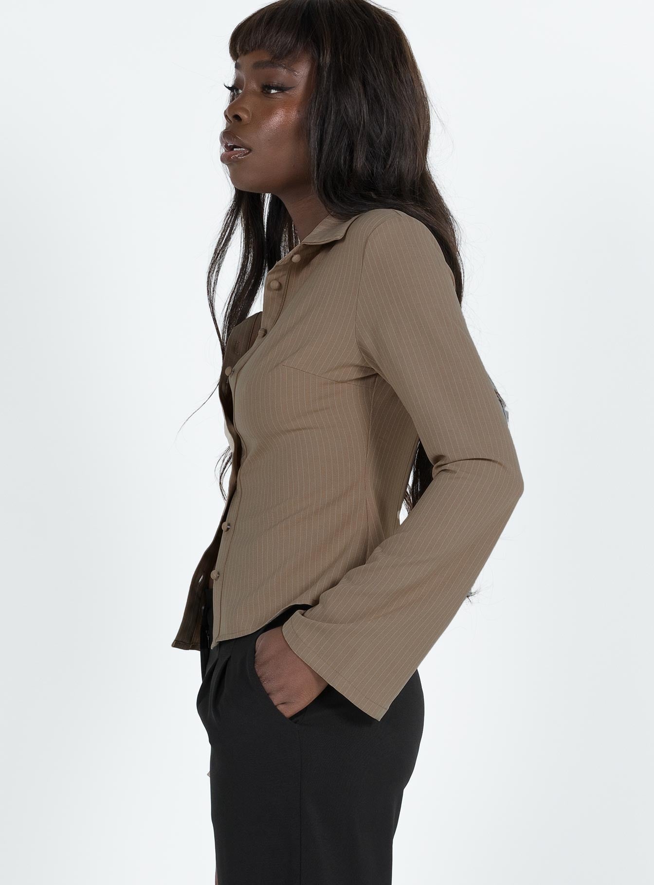 Anni Pinstripe Shirt Beige - women's shirt by Ellevoria - view 4