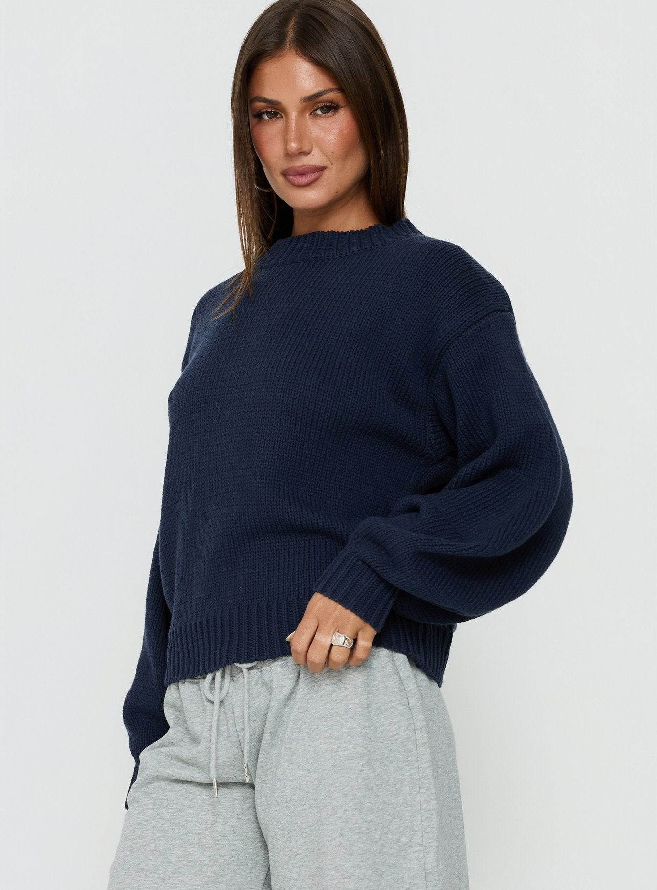 Harmony Balloon Sleeve Knit Sweater Navy women's sweater by Ellevoria
