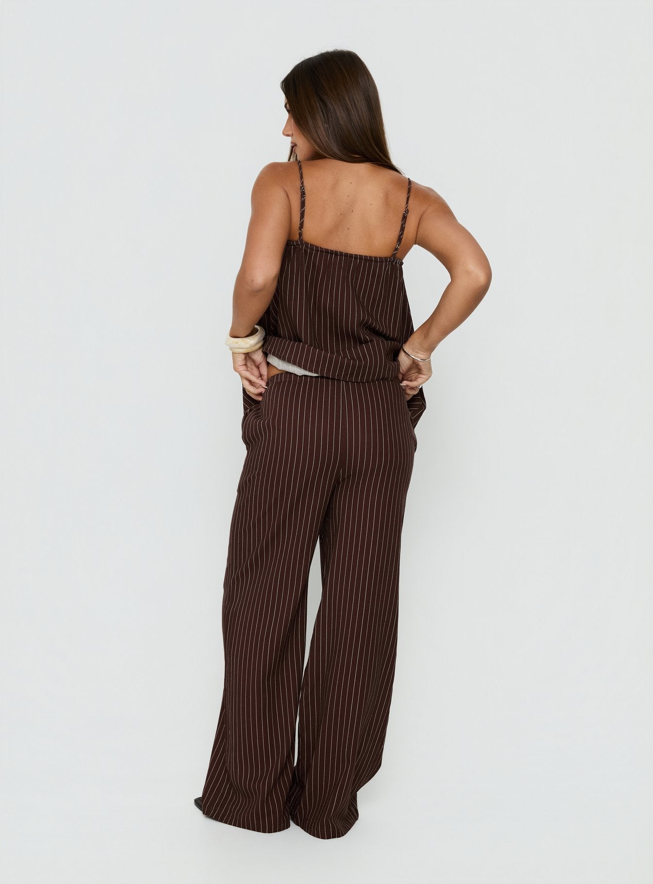 Amibella Mid Rise Wide Leg Pants Brown / Cream Stripe - loose fit women's bottoms by Ellevoria