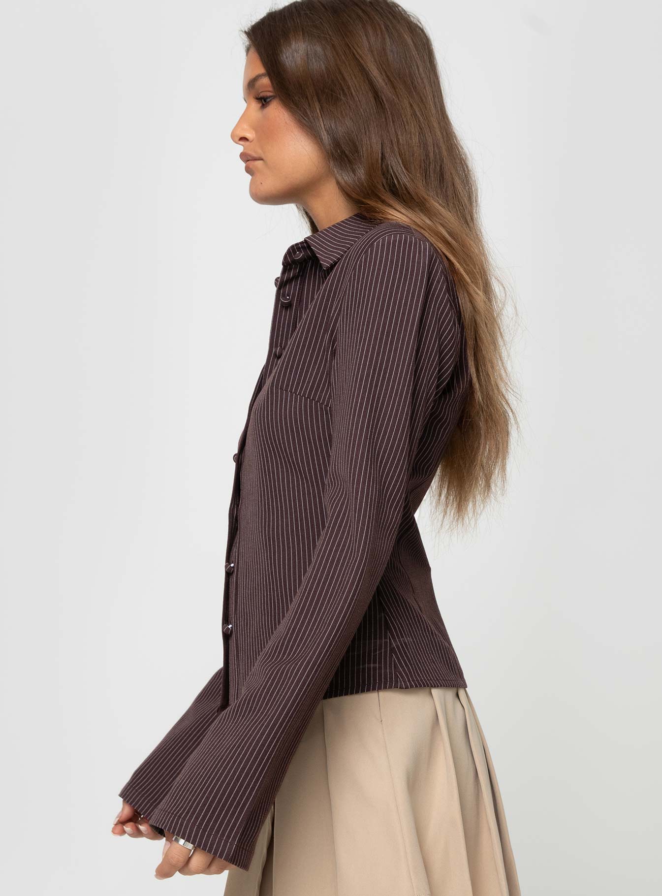 Anni Pinstripe Shirt Brown - women's shirt by Ellevoria - view 4