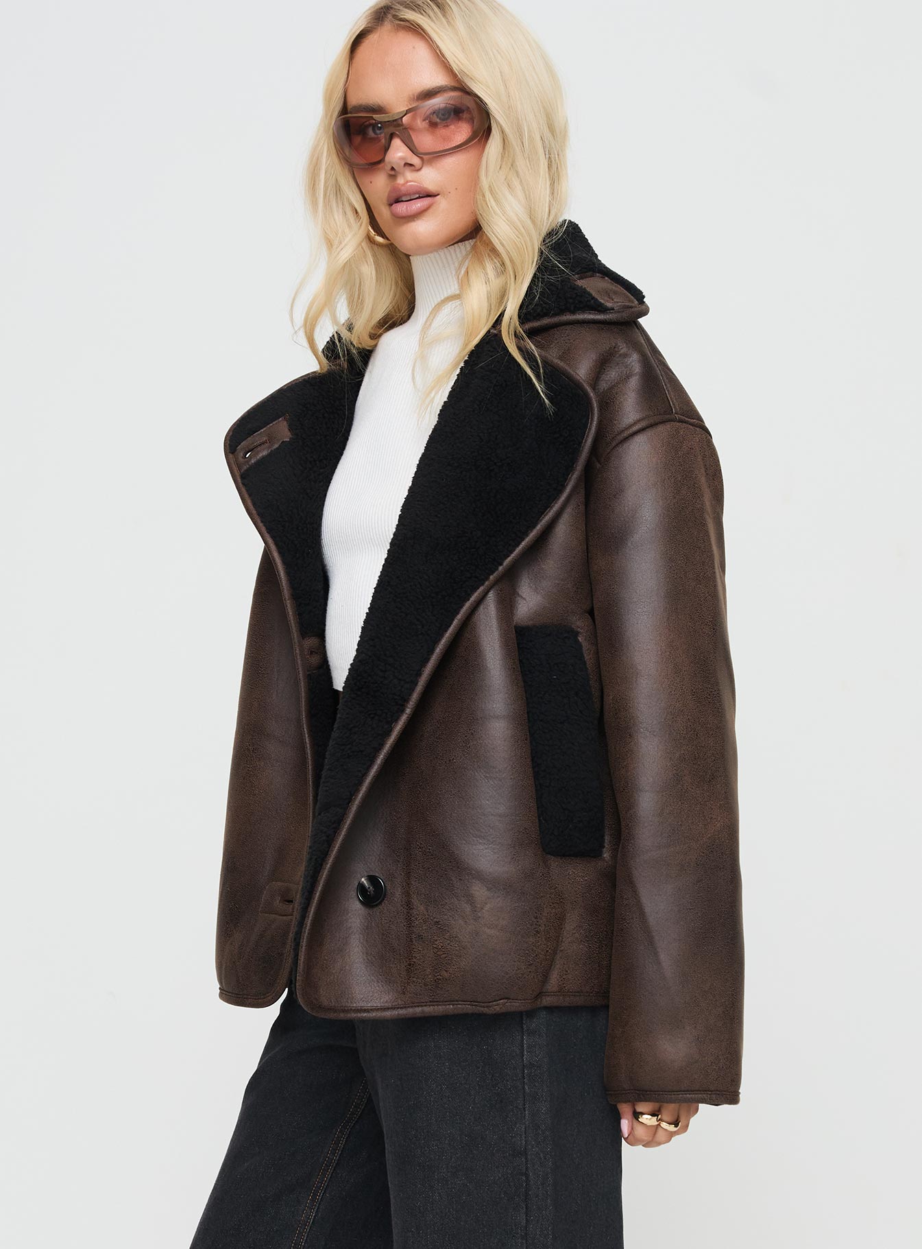 Nunez Faux Leather Jacket Washed Brown / Black women's jacket by Ellevoria