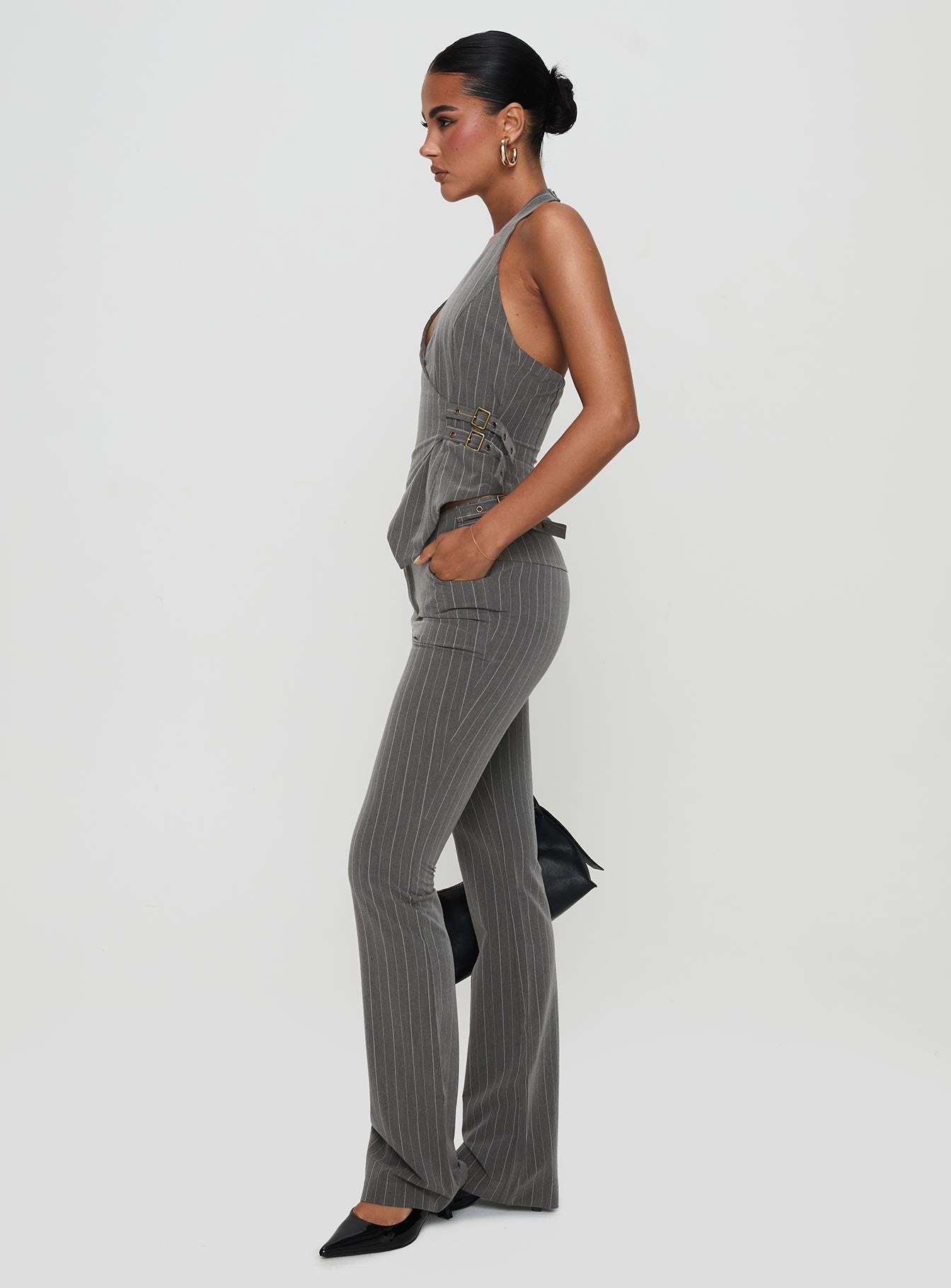 Calexico Buckle Pant Grey Pinstripe women's pant set by Ellevoria