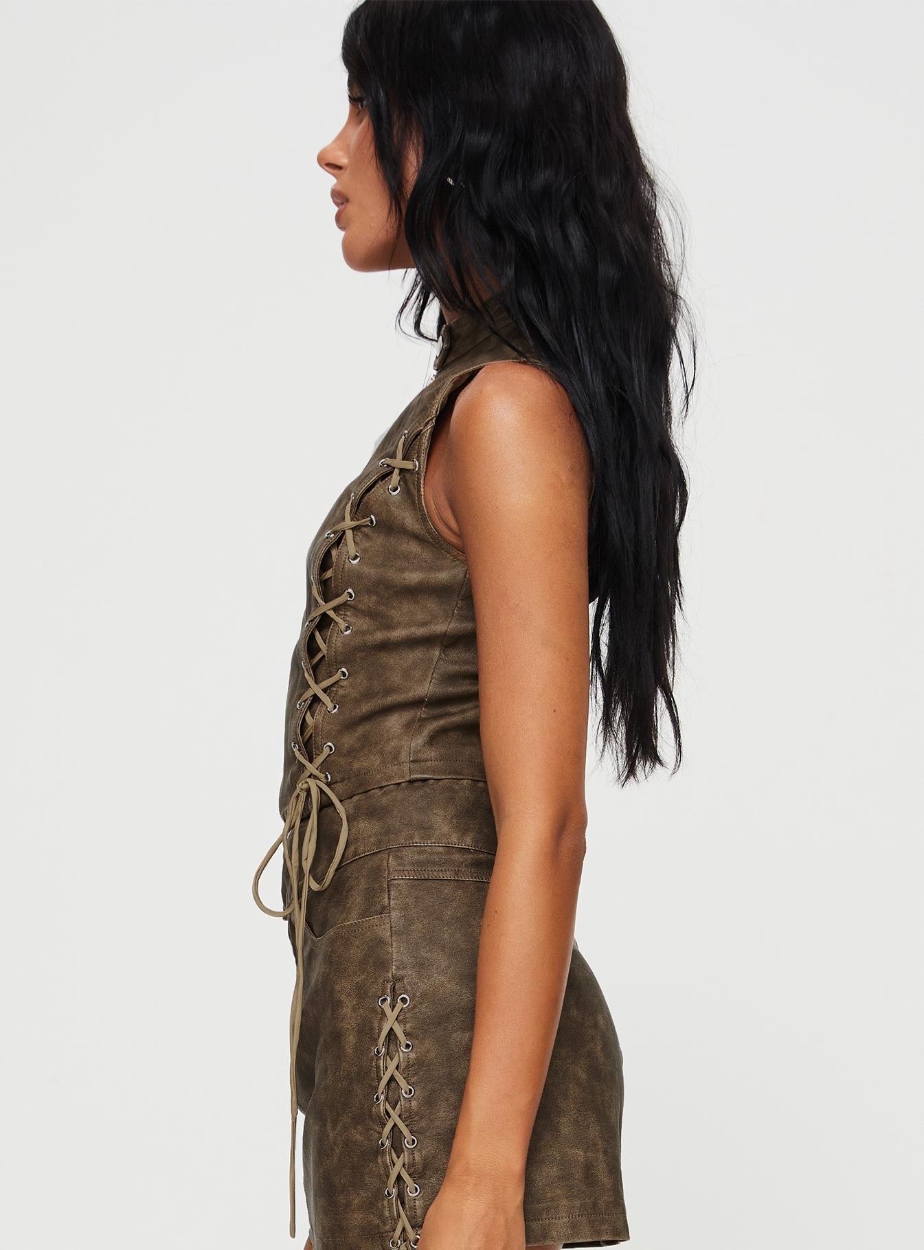 Ceejay Faux Leather Top Brown women's two piece set by Ellevoria