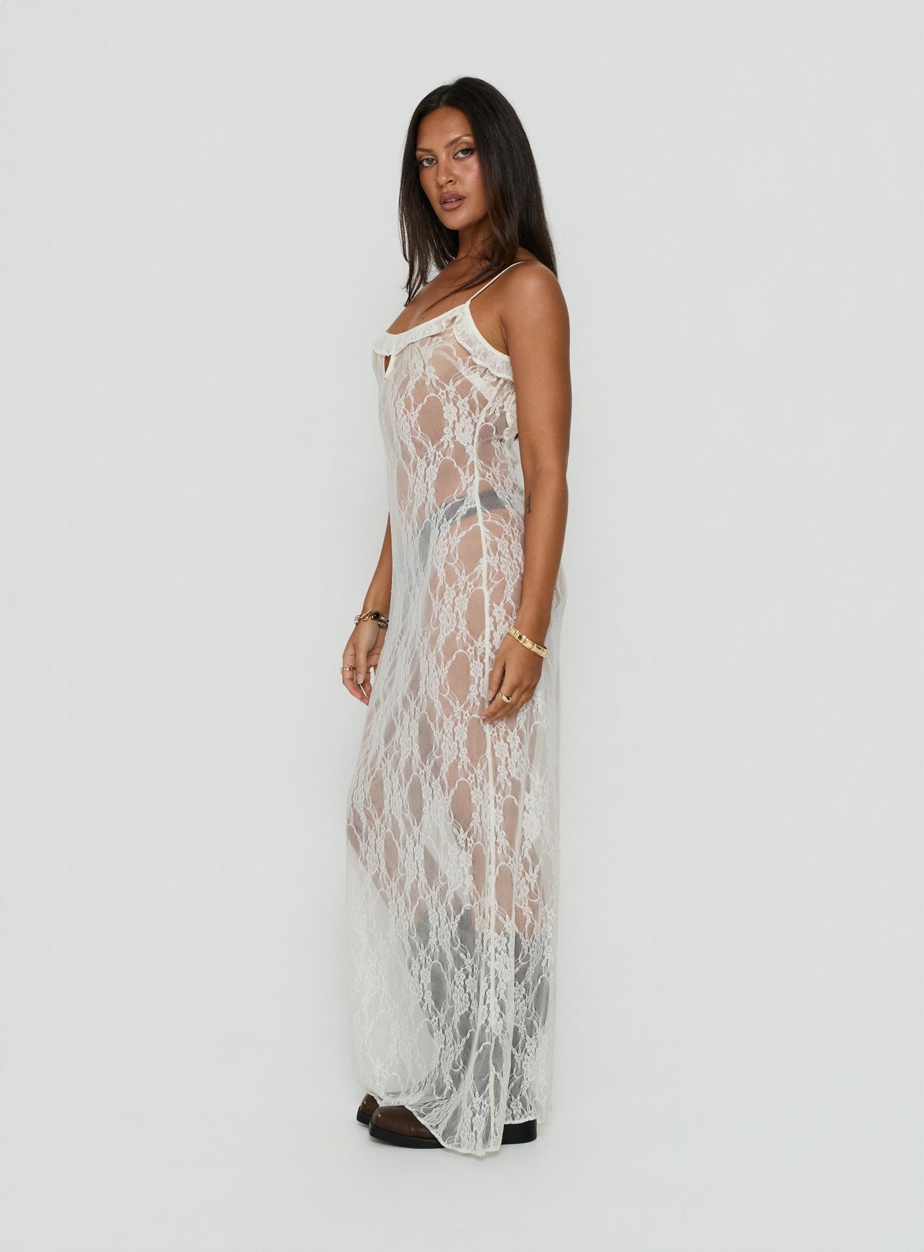 Wall Of Sound Sheer Lace Maxi Dress Antique White - women's maxi dress by Ellevoria - view 4